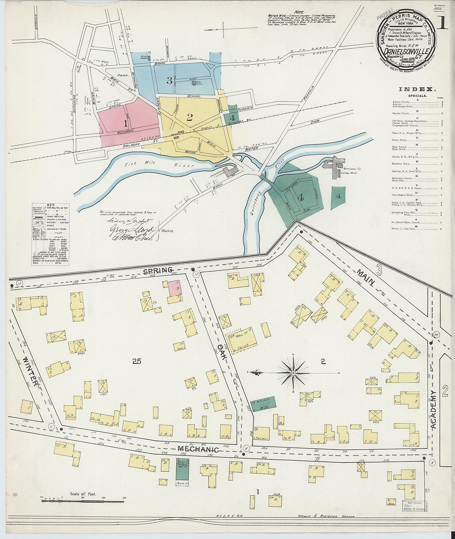 This old map of Danielsonville, Windham County, Connecticut was created by Sanborn Map Company in 1892