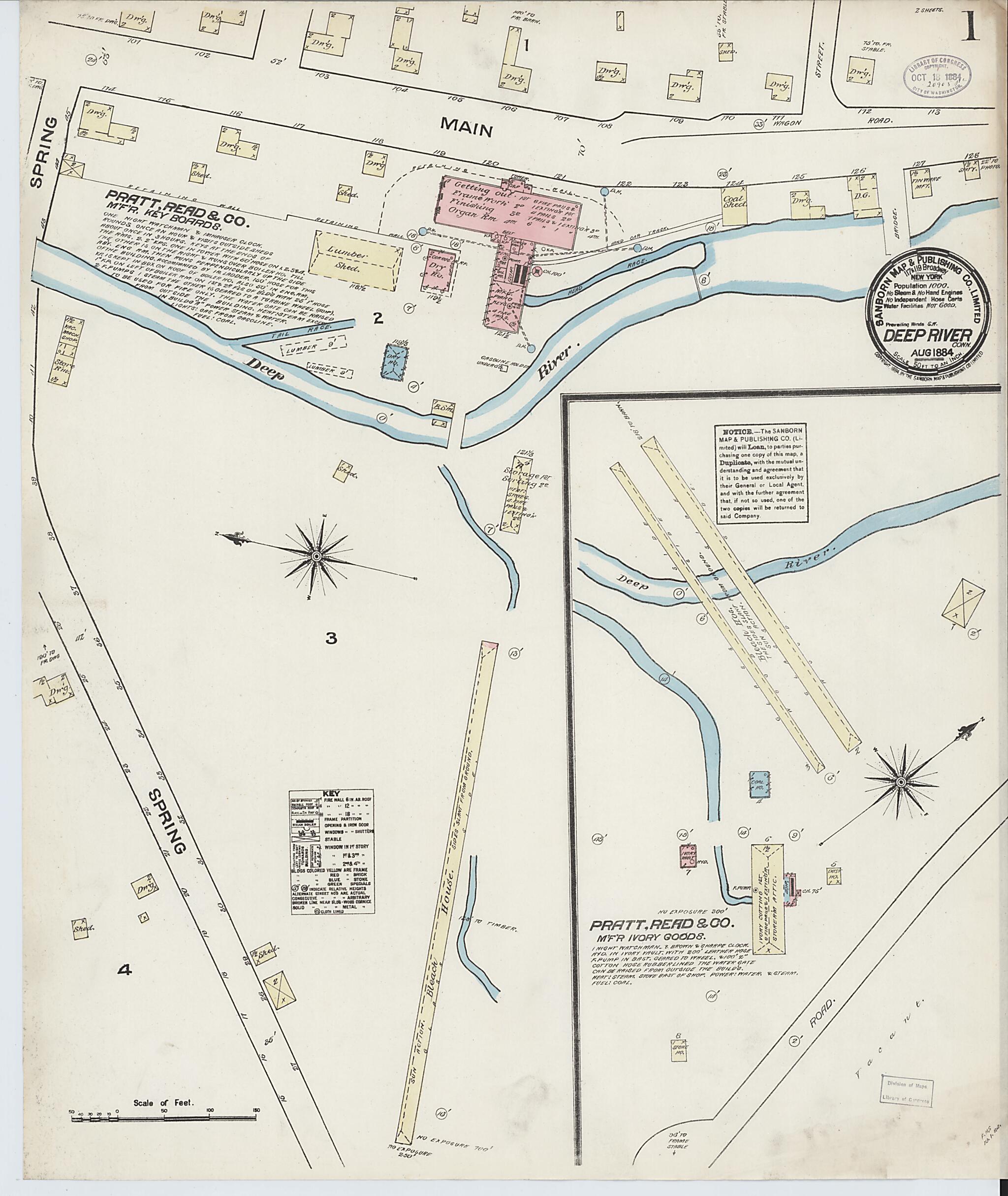 This old map of Deep River, Middlesex County, Connecticut was created by Sanborn Map Company in 1884