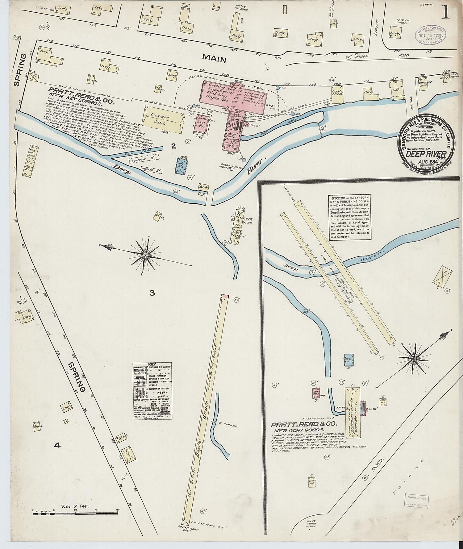 This old map of Deep River, Middlesex County, Connecticut was created by Sanborn Map Company in 1884
