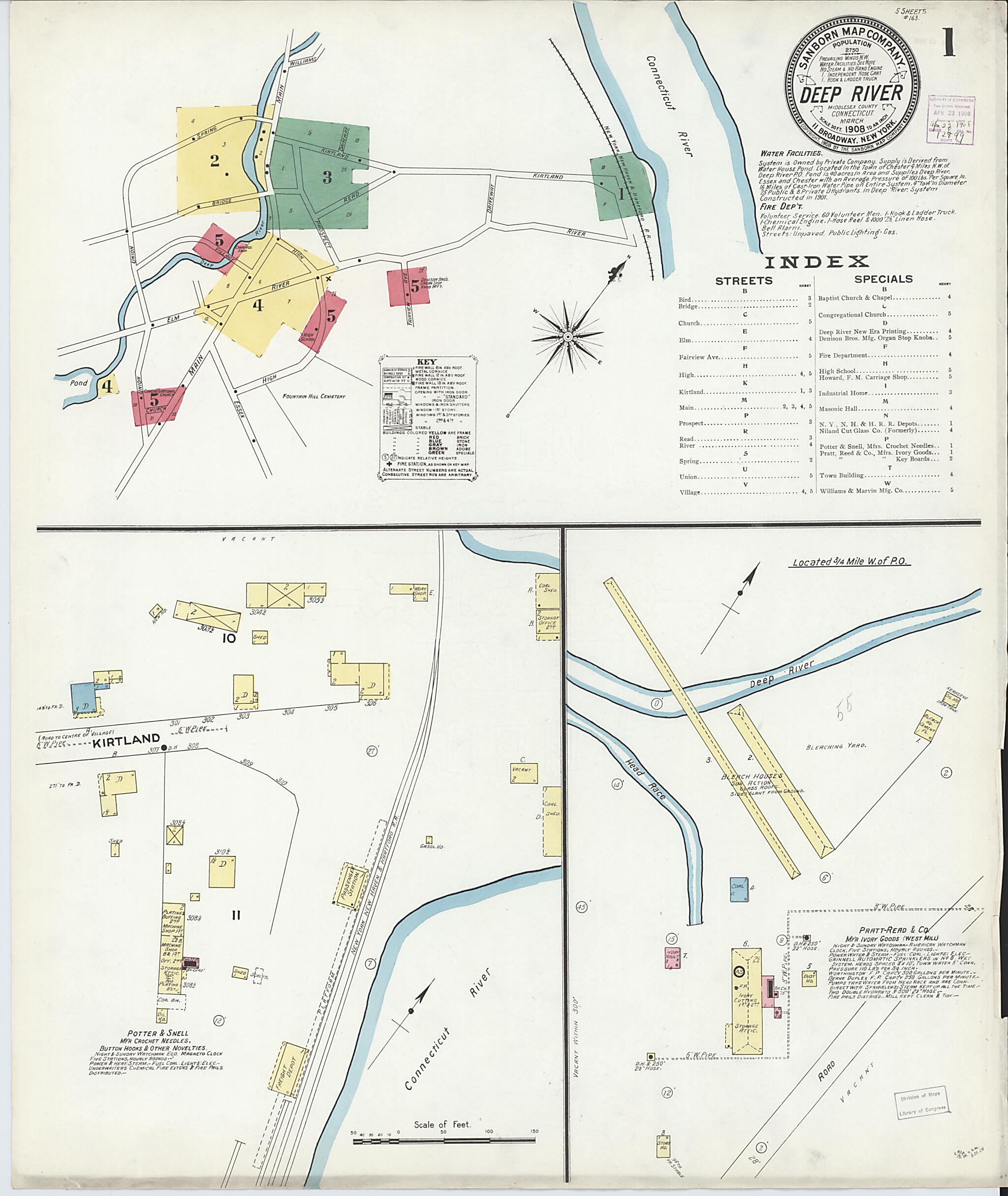 This old map of Deep River, Middlesex County, Connecticut was created by Sanborn Map Company in 1908
