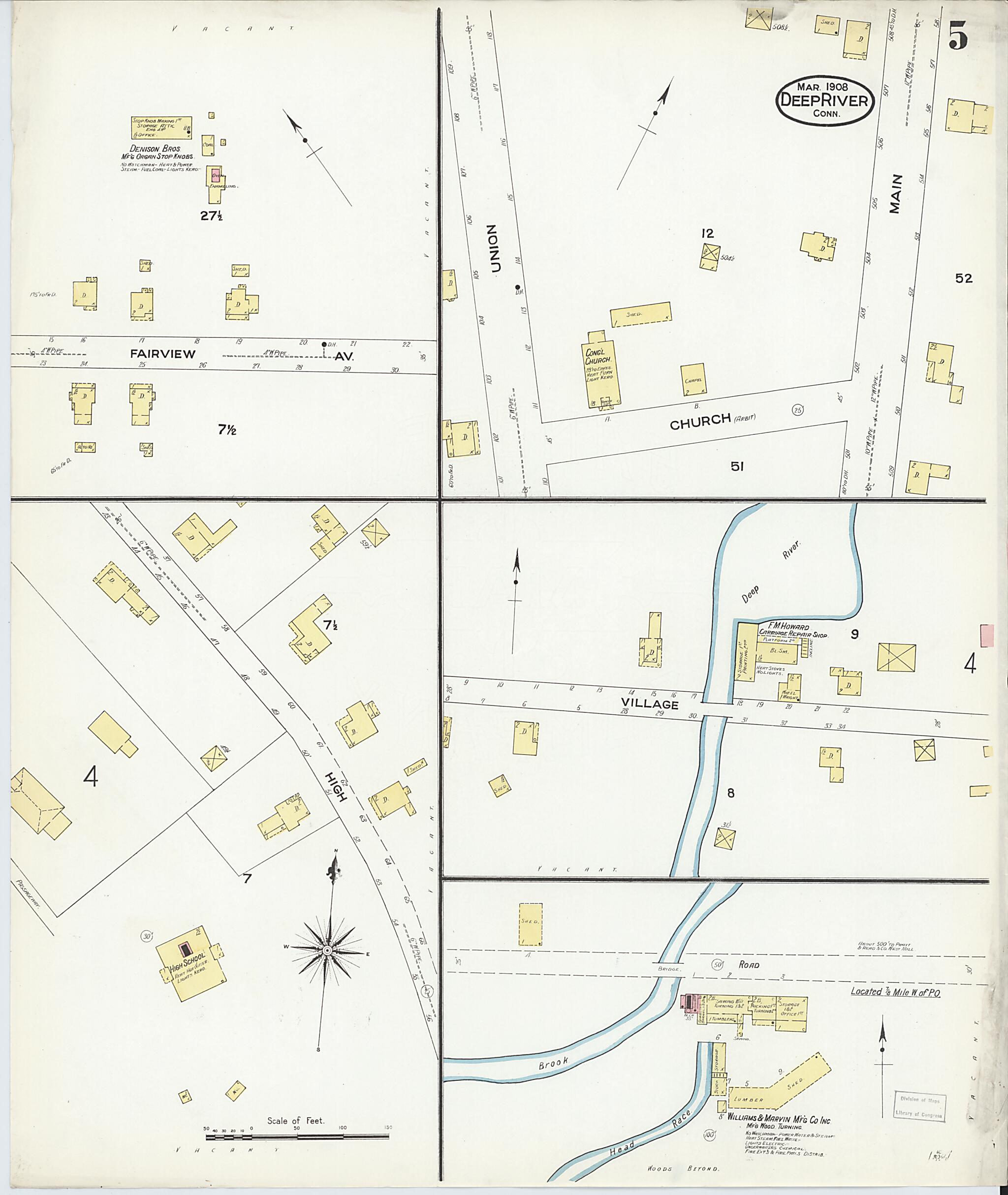 This old map of Deep River, Middlesex County, Connecticut was created by Sanborn Map Company in 1908
