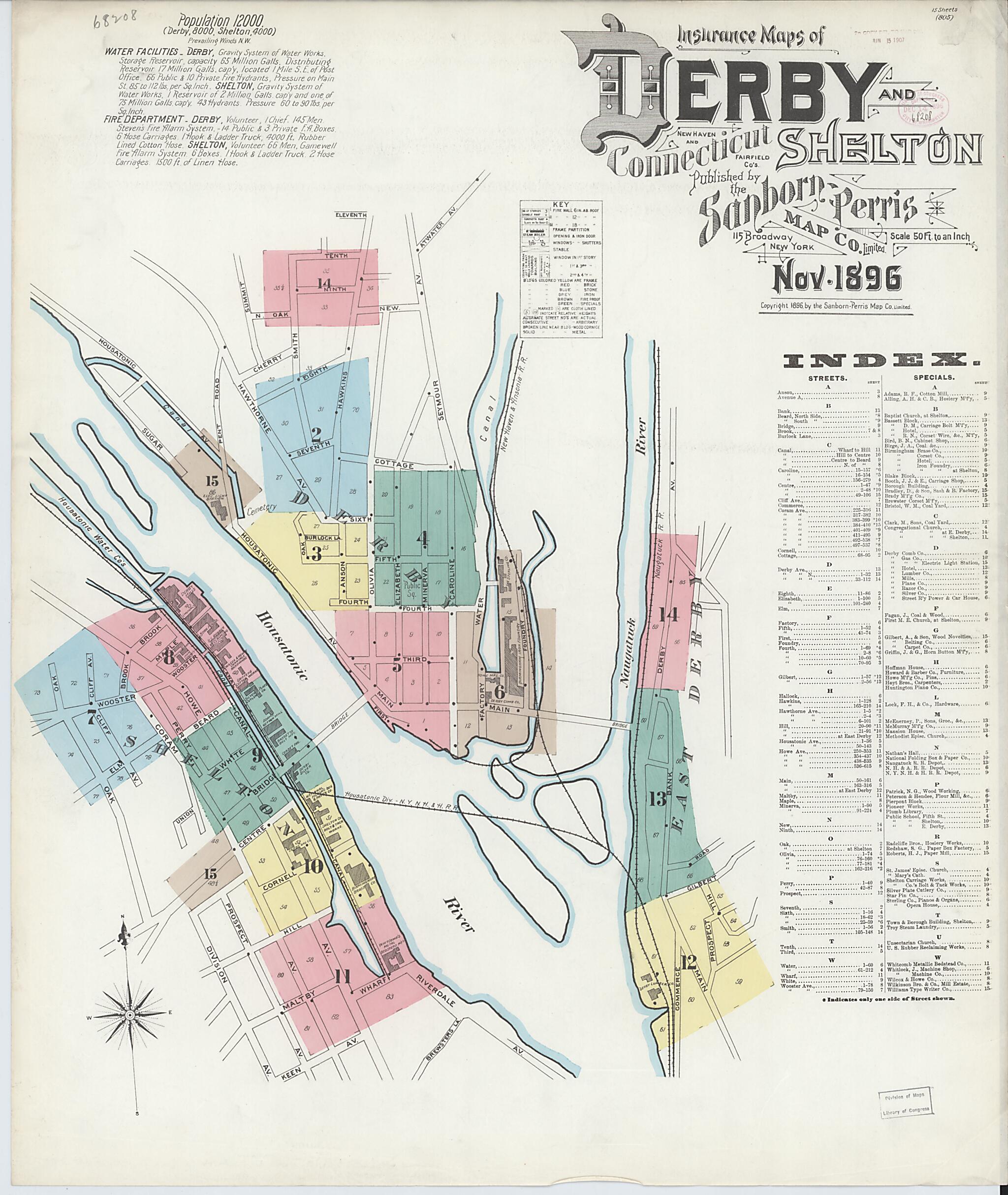 This old map of Derby, Shelton Fairfield County, Connecticut was created by Sanborn Map Company in 1896