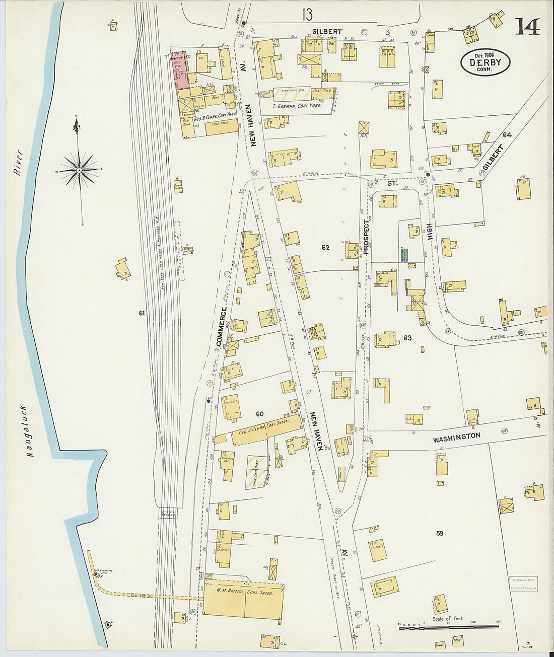 This old map of Derby, Shelton Fairfield County, Connecticut was created by Sanborn Map Company in 1906