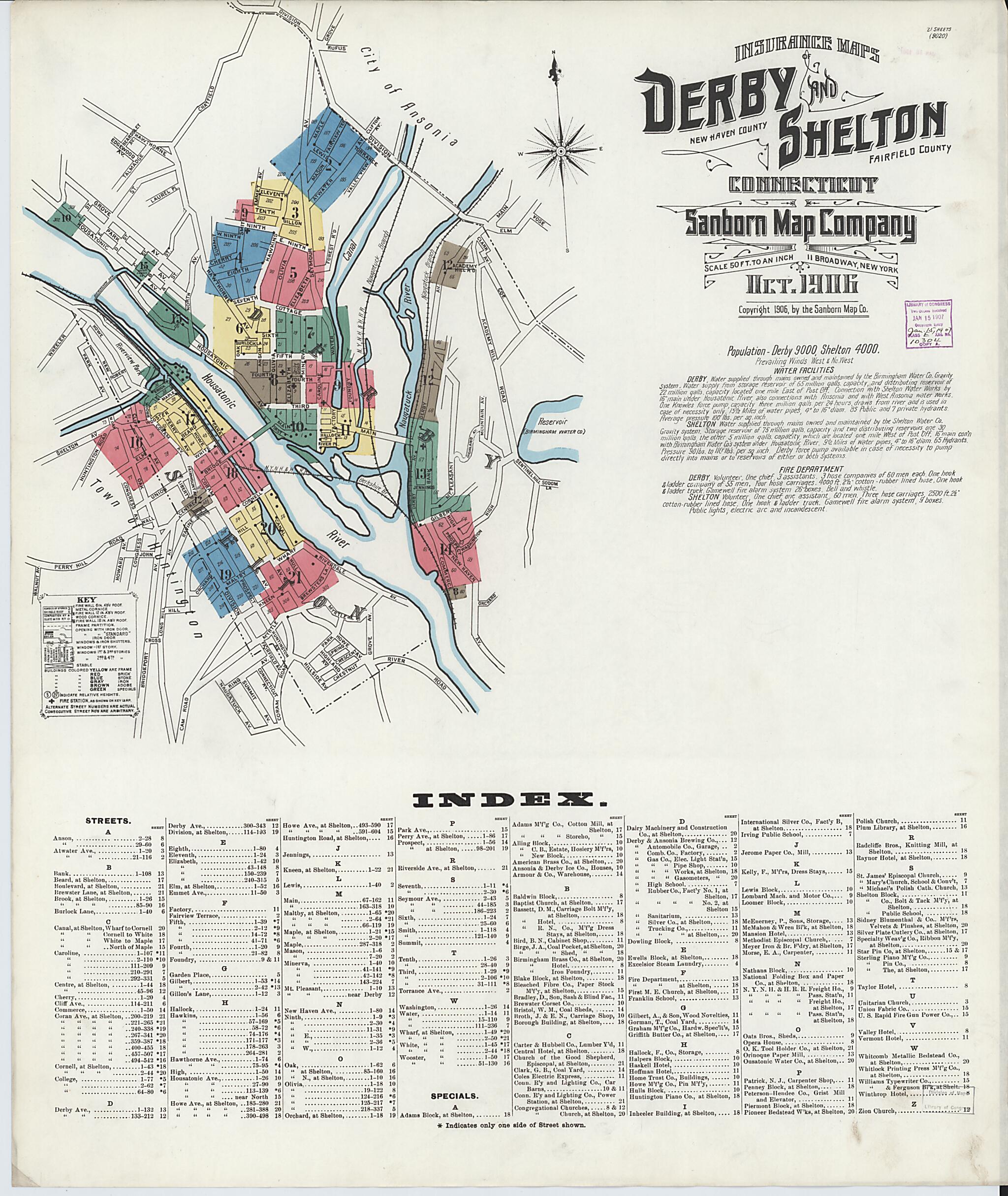 This old map of Derby, Shelton Fairfield County, Connecticut was created by Sanborn Map Company in 1906