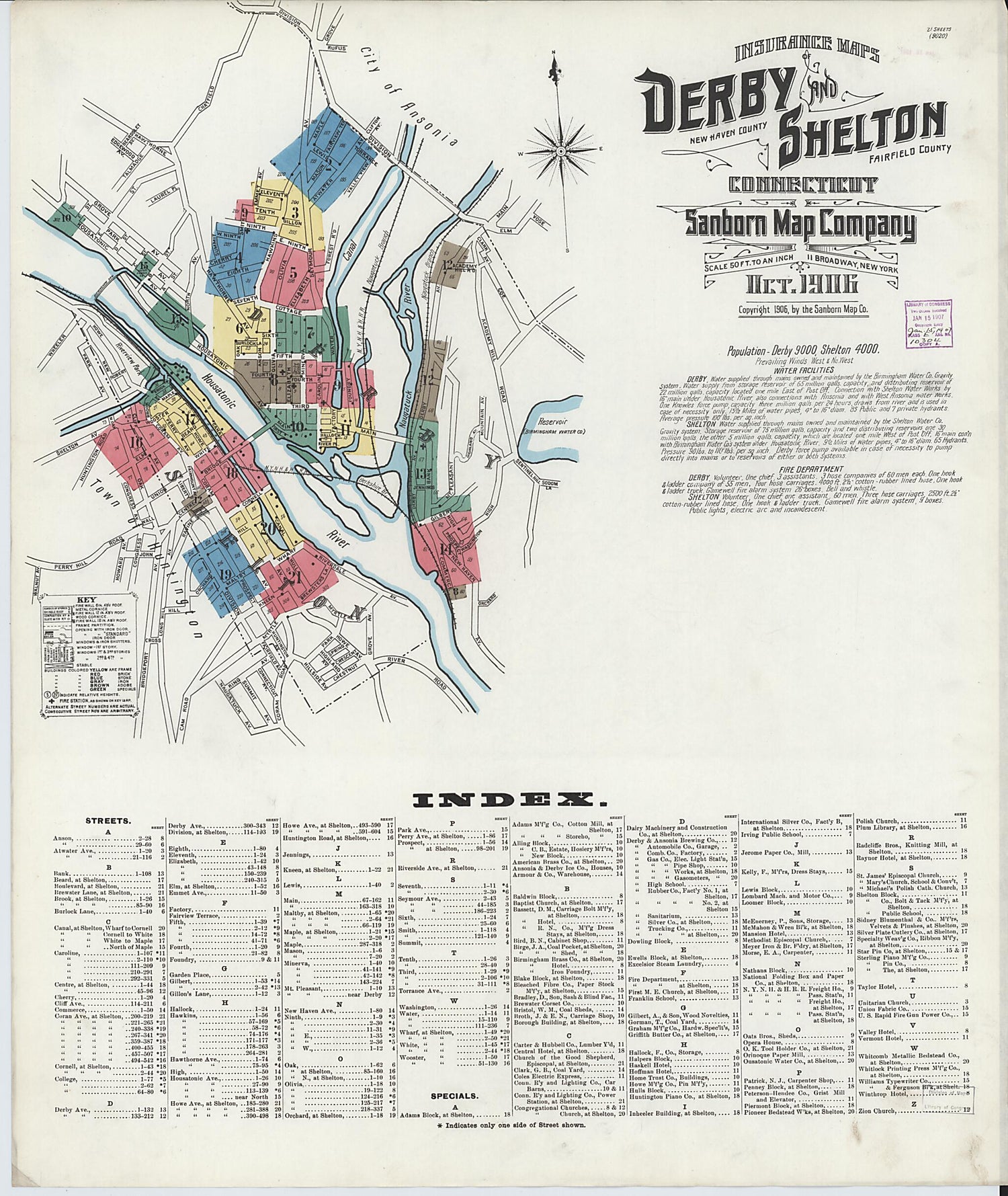 This old map of Derby, Shelton Fairfield County, Connecticut was created by Sanborn Map Company in 1906