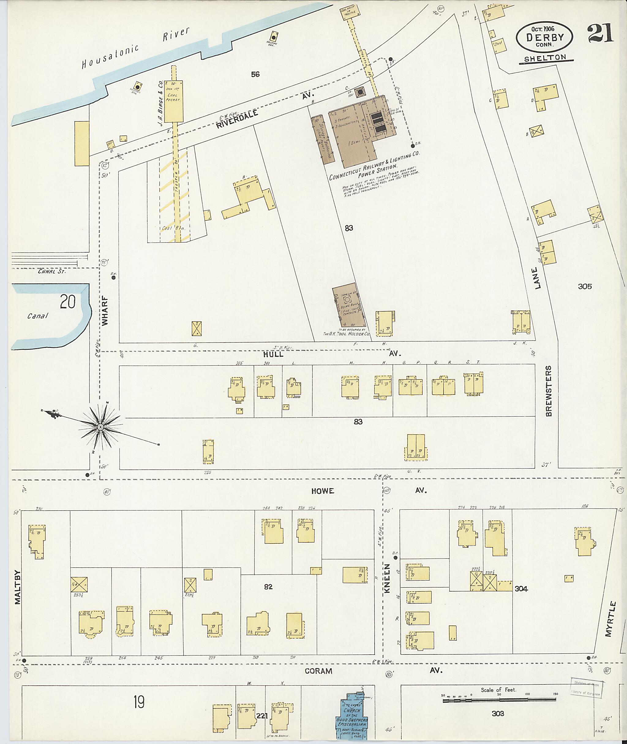 This old map of Derby, Shelton Fairfield County, Connecticut was created by Sanborn Map Company in 1906