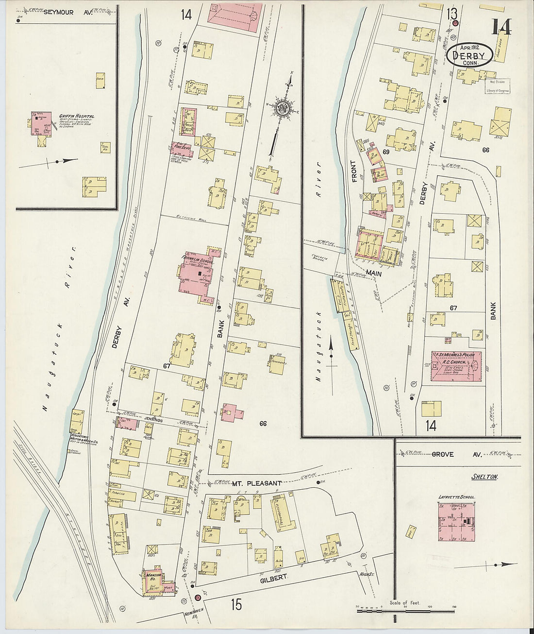 This old map of Derby, Shelton Fairfield County, Connecticut was created by Sanborn Map Company in 1912