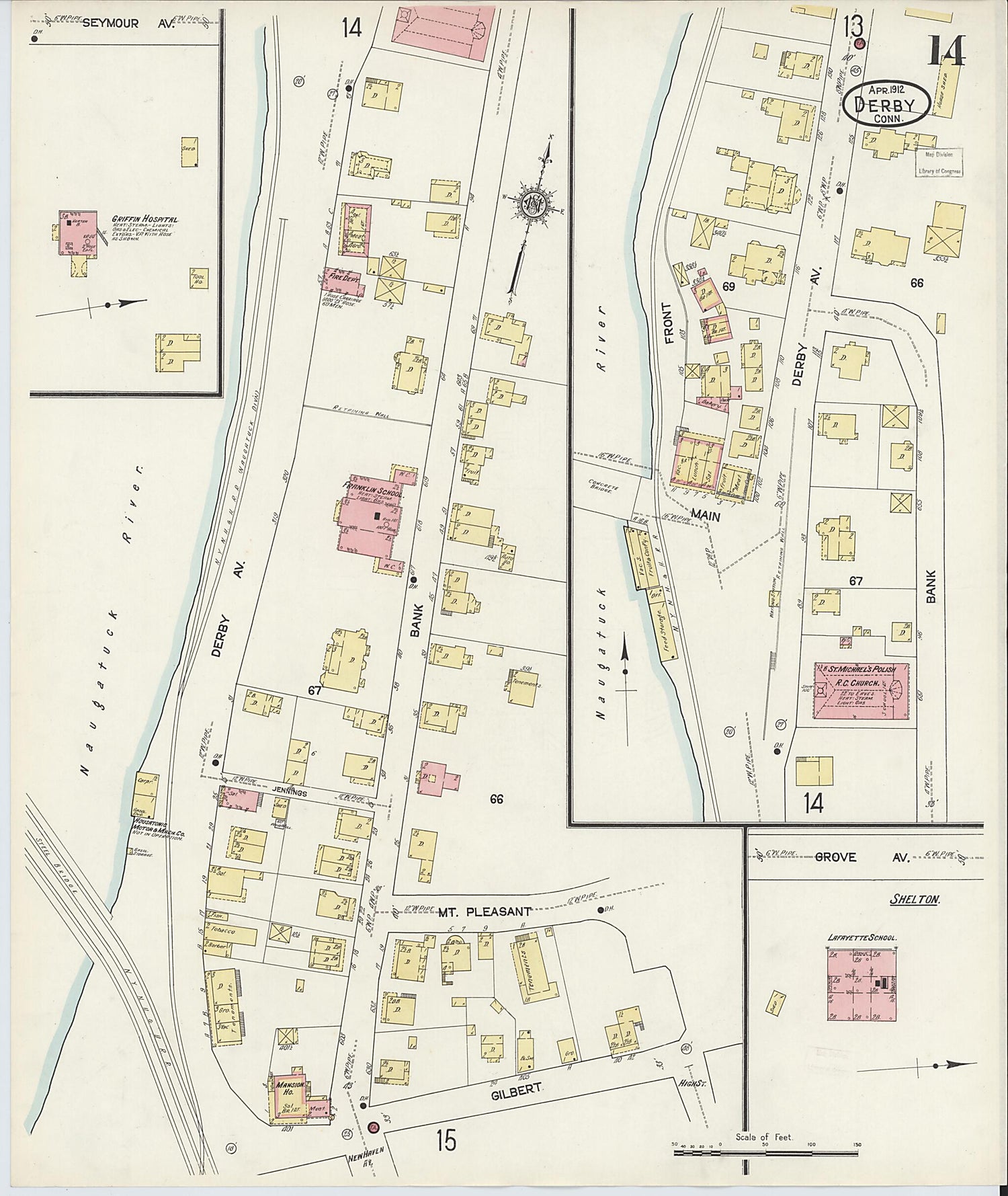 This old map of Derby, Shelton Fairfield County, Connecticut was created by Sanborn Map Company in 1912