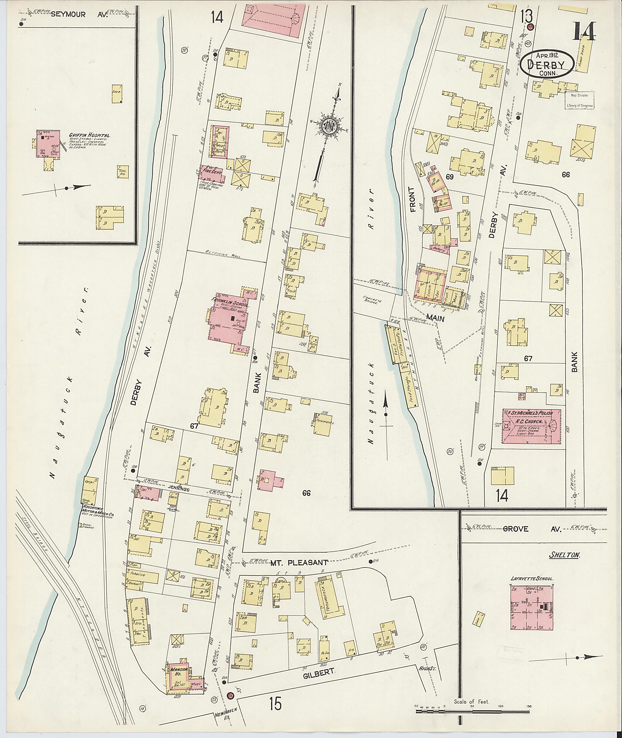 This old map of Derby, Shelton Fairfield County, Connecticut was created by Sanborn Map Company in 1912