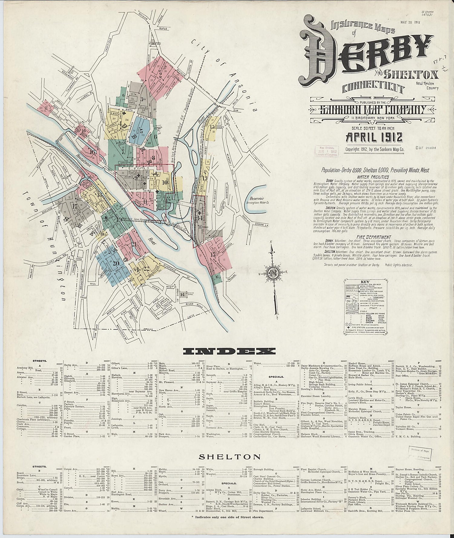 This old map of Derby, Shelton Fairfield County, Connecticut was created by Sanborn Map Company in 1912