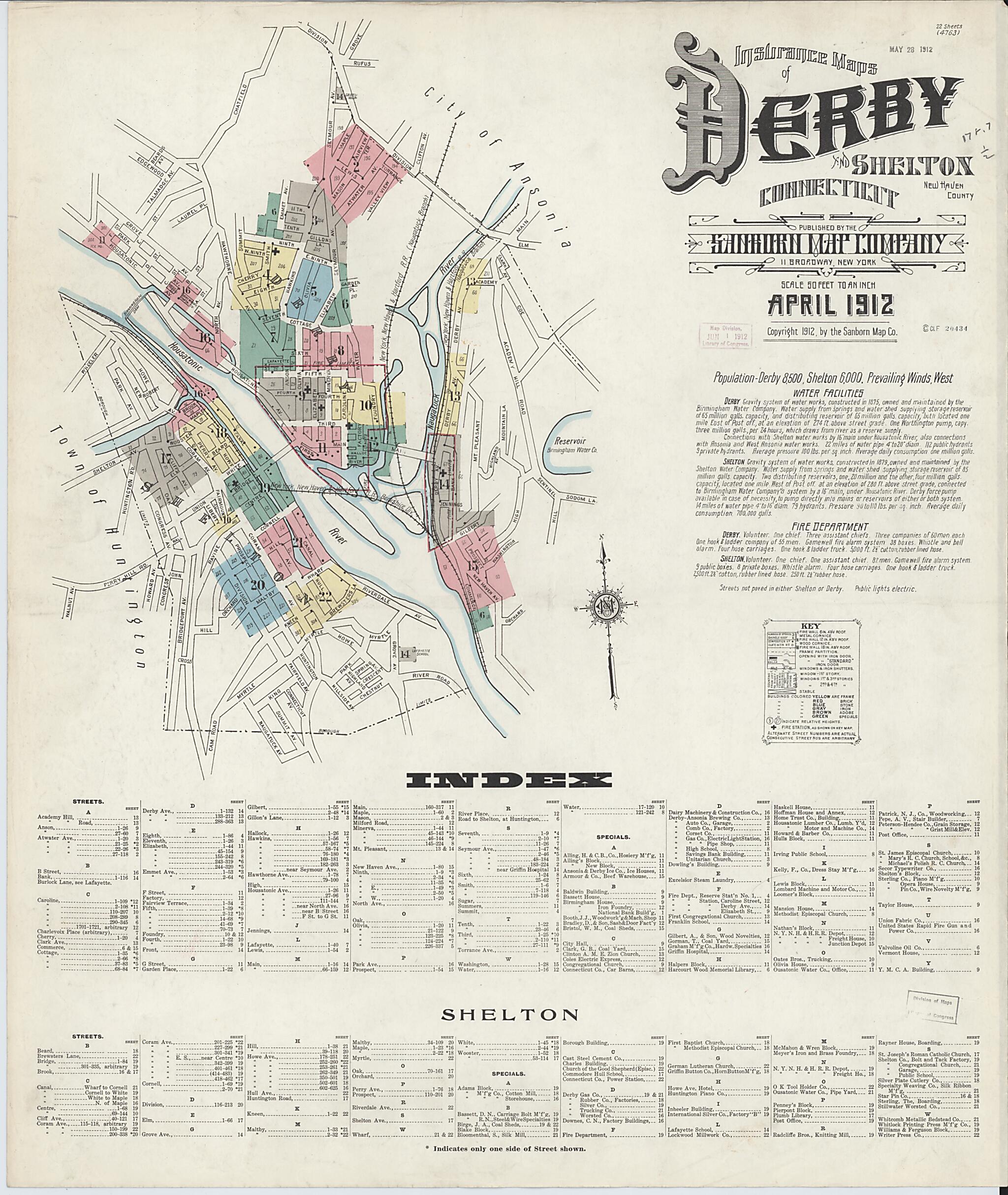 This old map of Derby, Shelton Fairfield County, Connecticut was created by Sanborn Map Company in 1912