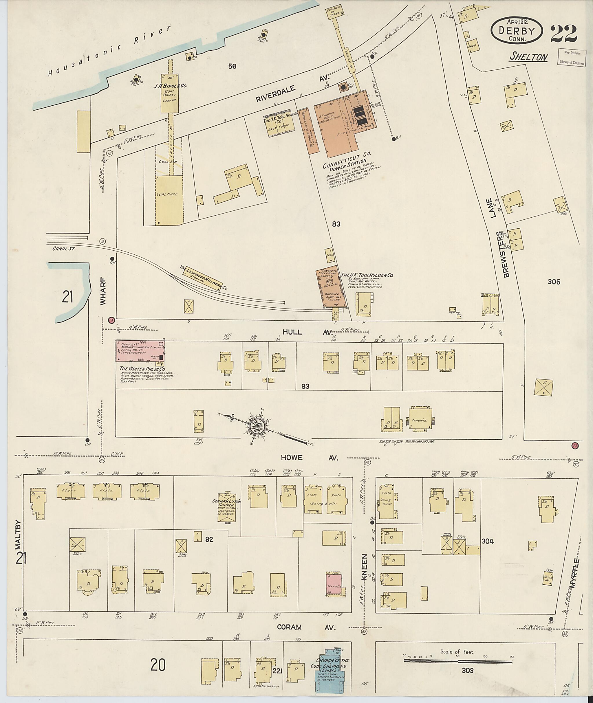 This old map of Derby, Shelton Fairfield County, Connecticut was created by Sanborn Map Company in 1912