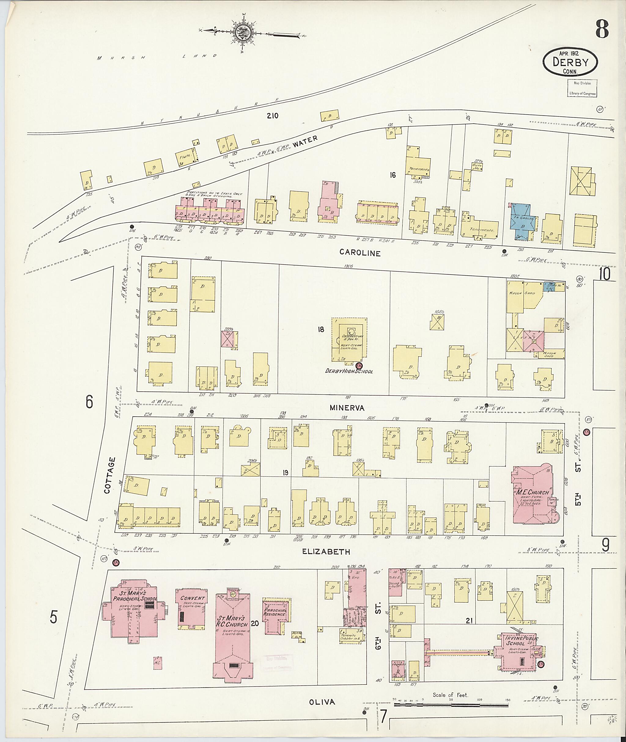 This old map of Derby, Shelton Fairfield County, Connecticut was created by Sanborn Map Company in 1912