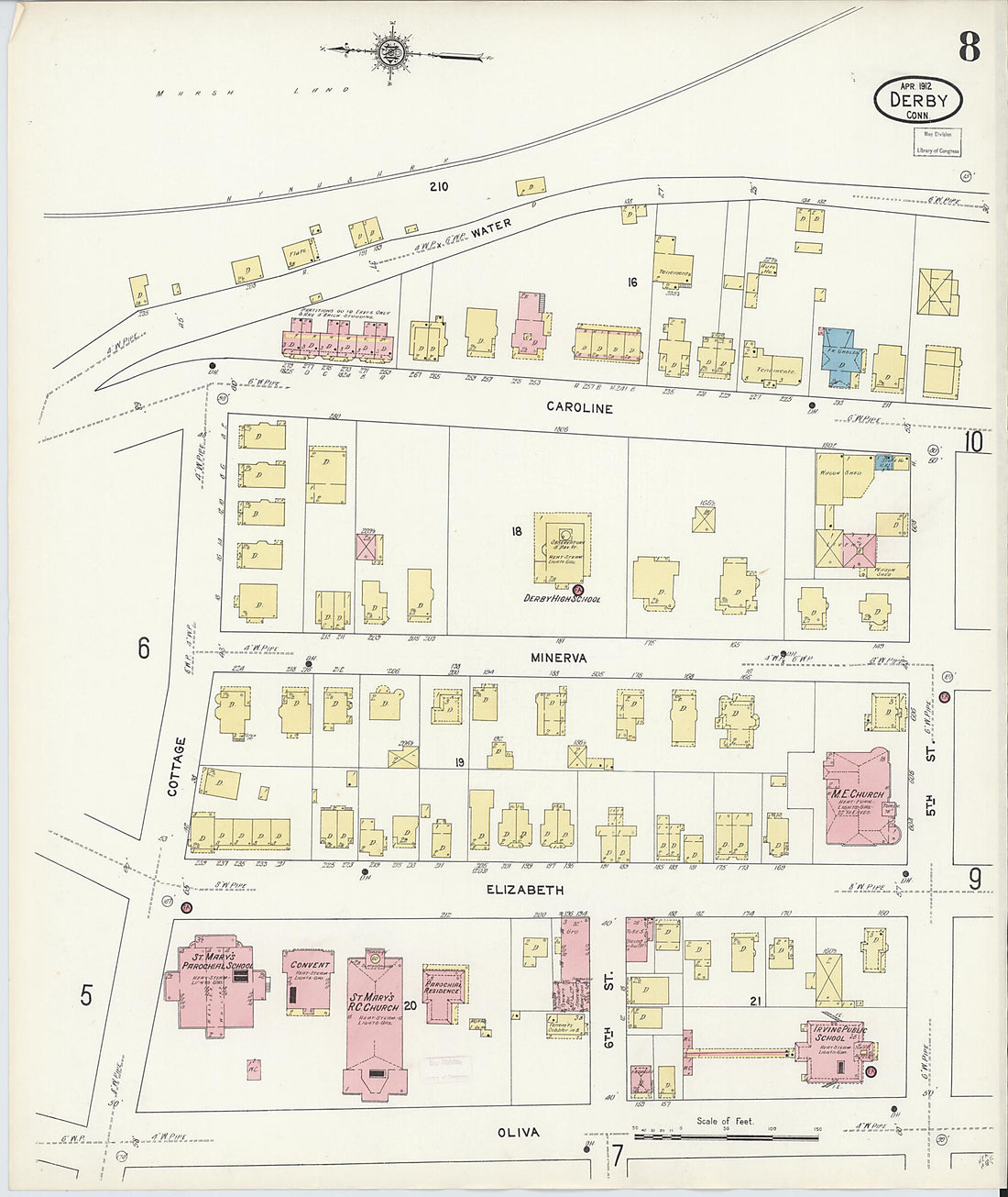 This old map of Derby, Shelton Fairfield County, Connecticut was created by Sanborn Map Company in 1912