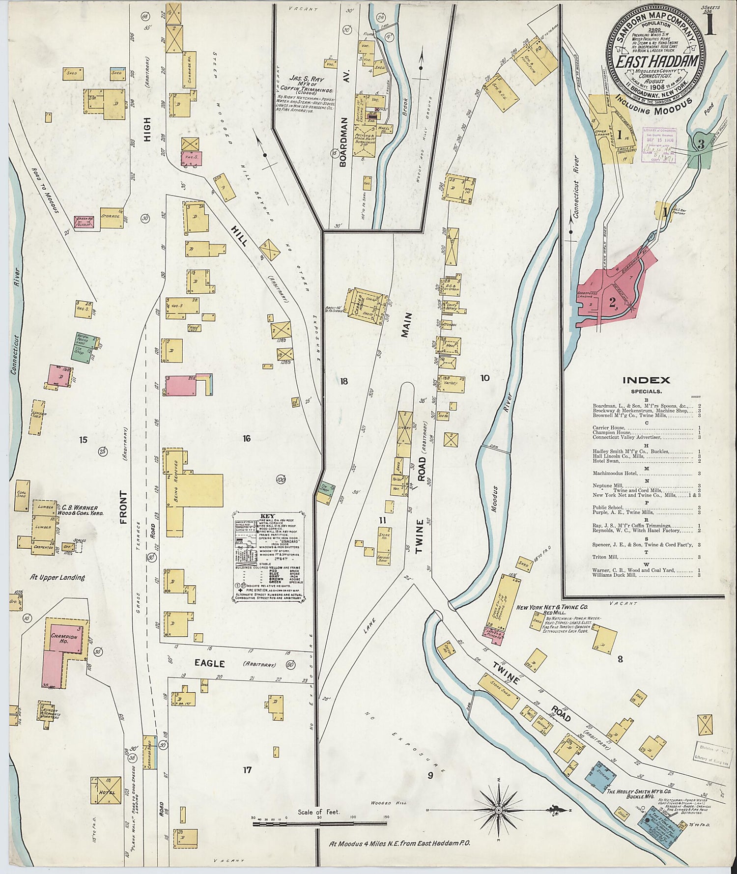 This old map of Moodus, Middlesex County, Connecticut was created by Sanborn Map Company in 1908