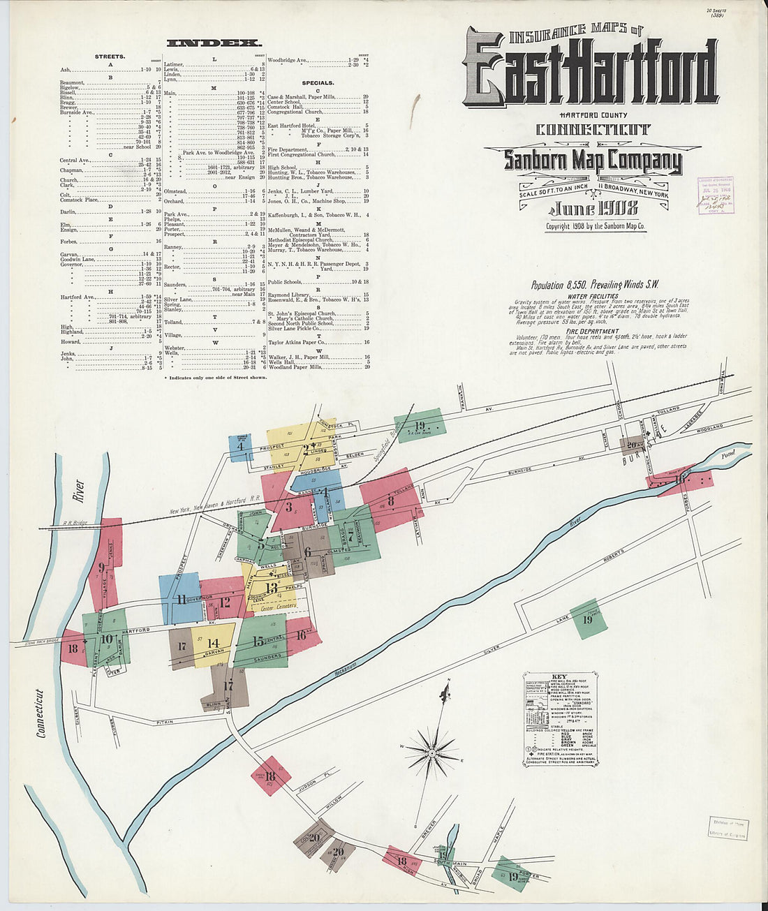 This old map of East Hartford, Hartford County, Connecticut was created by Sanborn Map Company in 1908