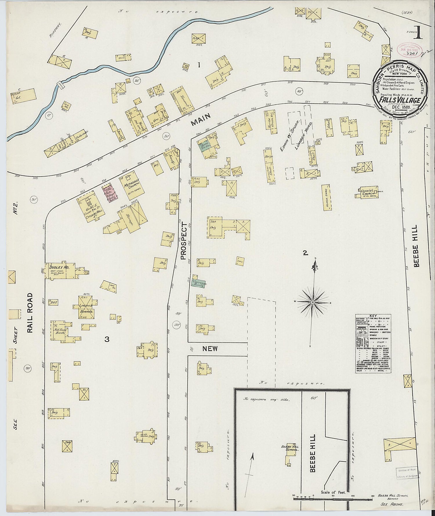 This old map of Falls Village, Litchfield County, Connecticut was created by Sanborn Map Company in 1889