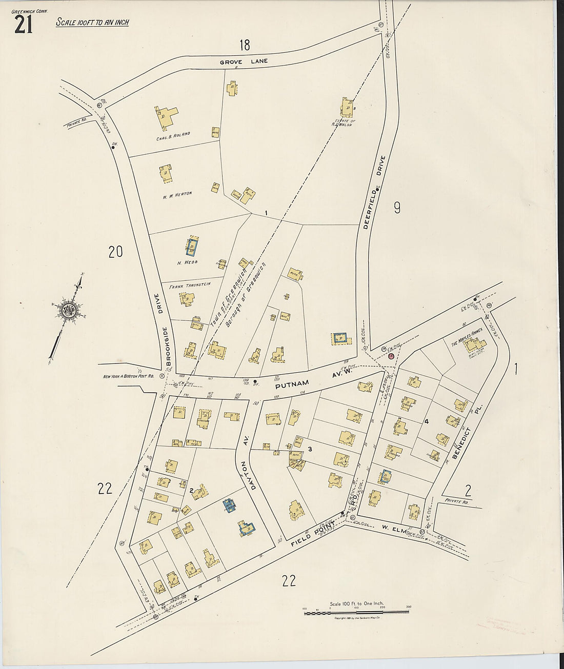 This old map of Greenwich, Fairfield County, Connecticut was created by Sanborn Map Company in 1920
