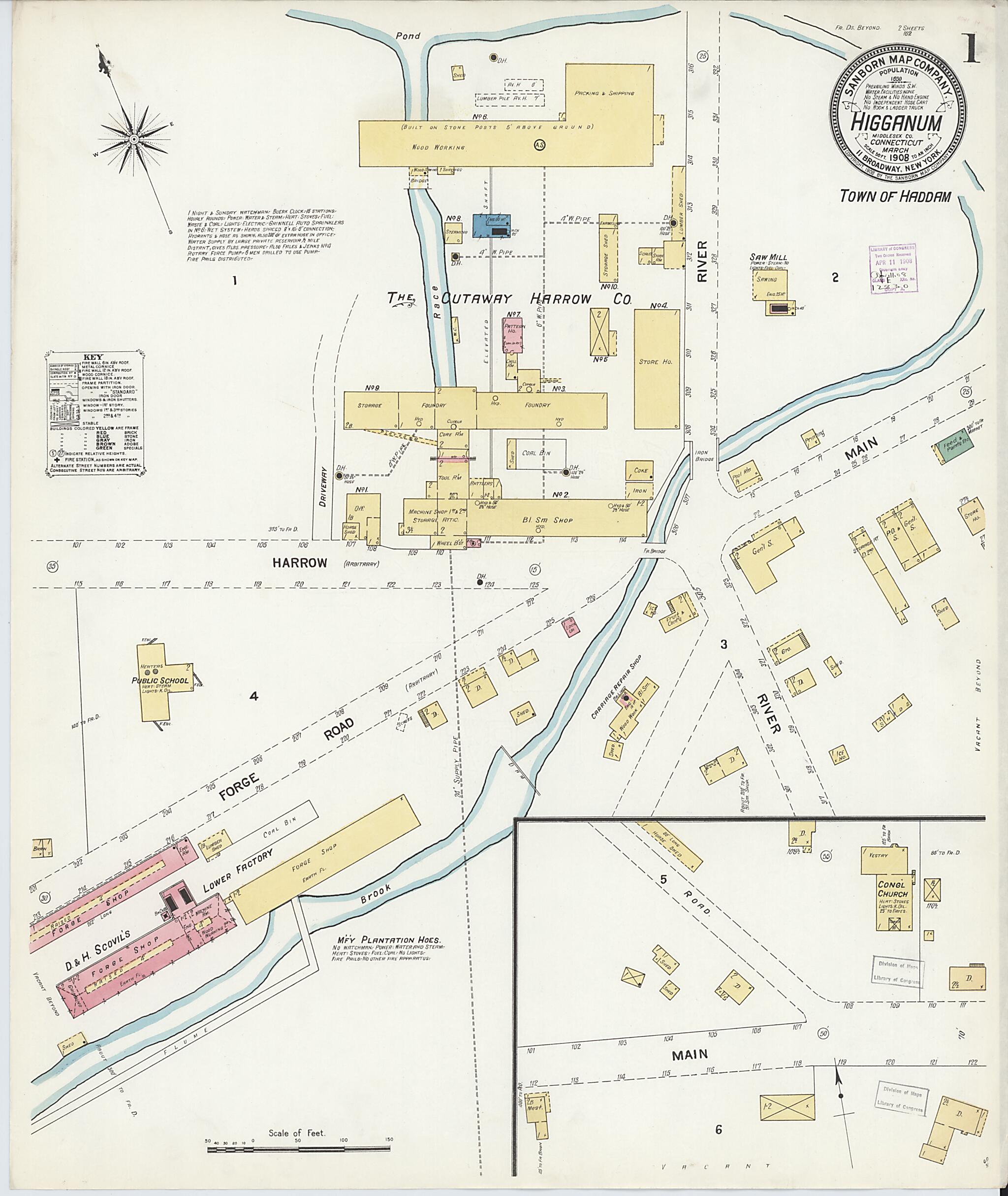 This old map of Higganum, Middlesex County, Connecticut was created by Sanborn Map Company in 1908