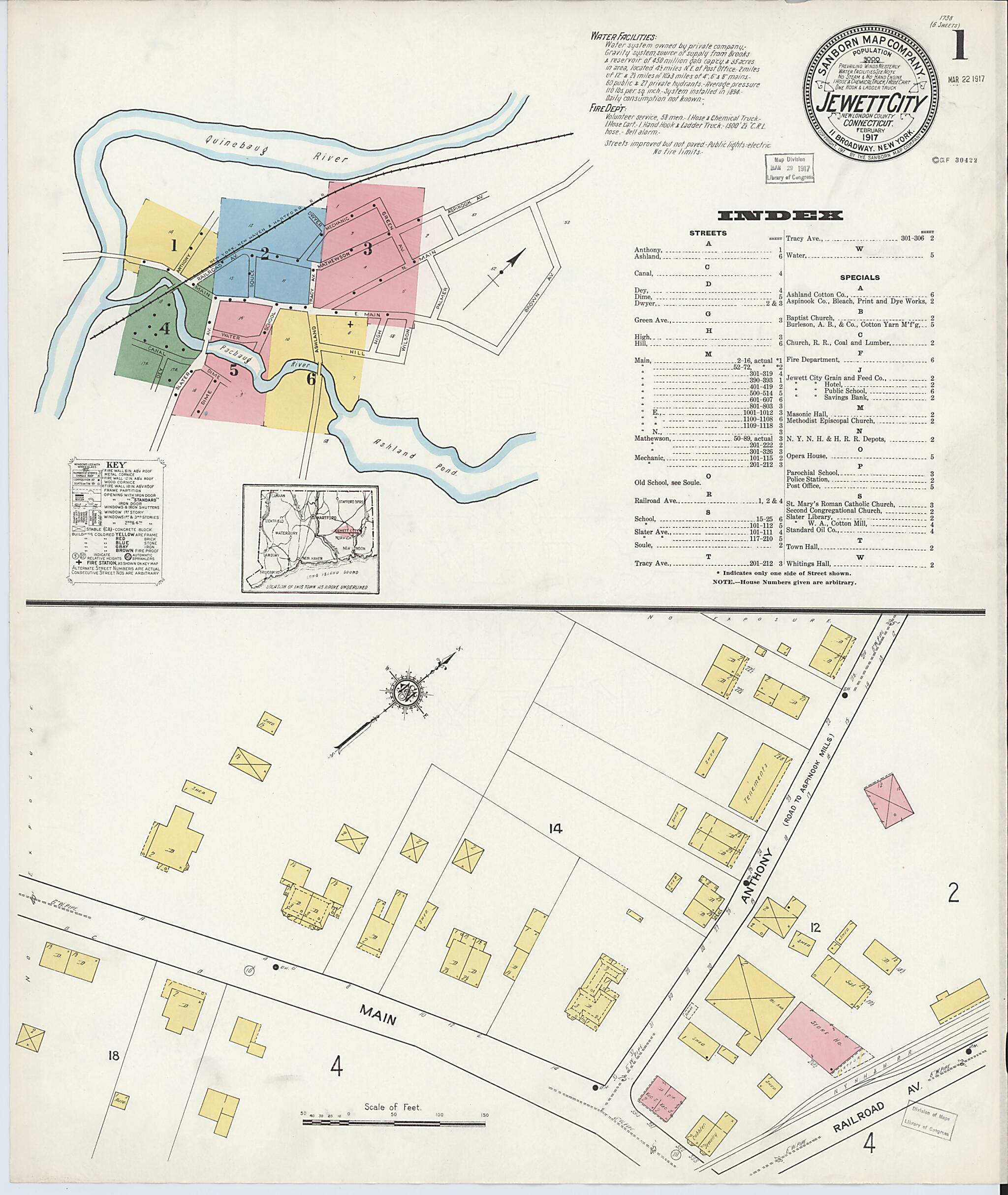 This old map of Jewett City, New London County, Connecticut was created by Sanborn Map Company in 1917