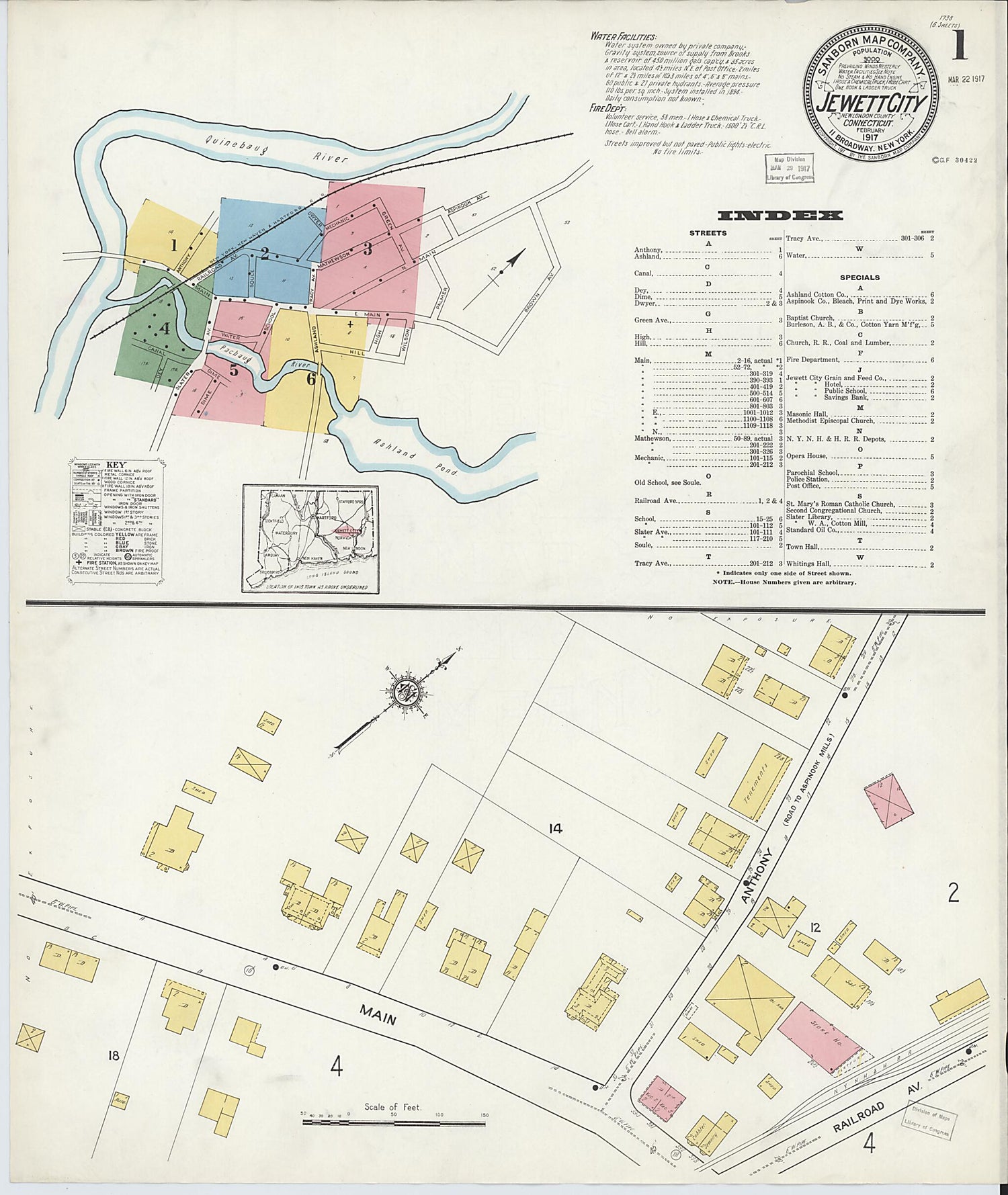 This old map of Jewett City, New London County, Connecticut was created by Sanborn Map Company in 1917
