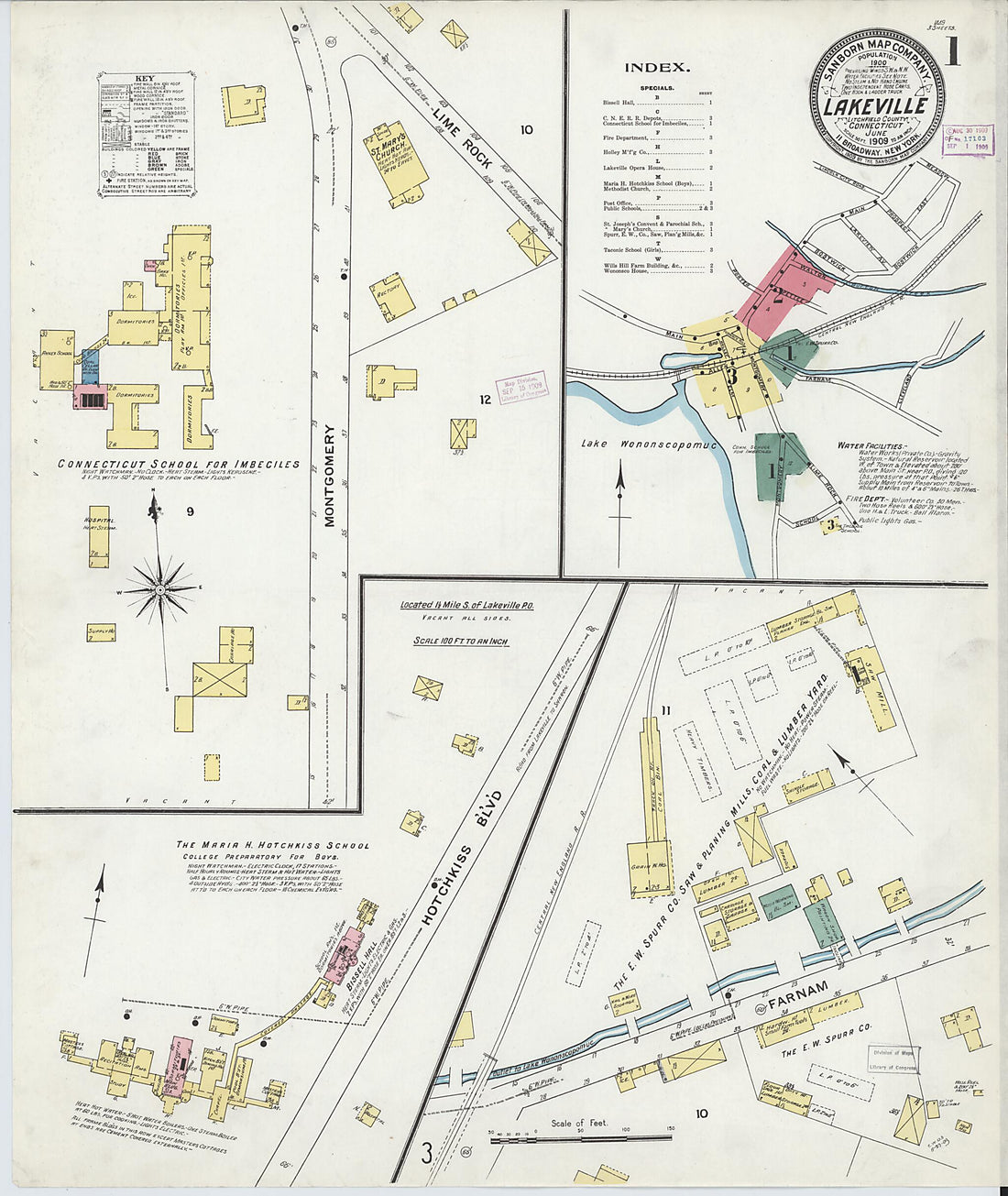 This old map of Lakeville, Litchfield County, Connecticut was created by Sanborn Map Company in 1909