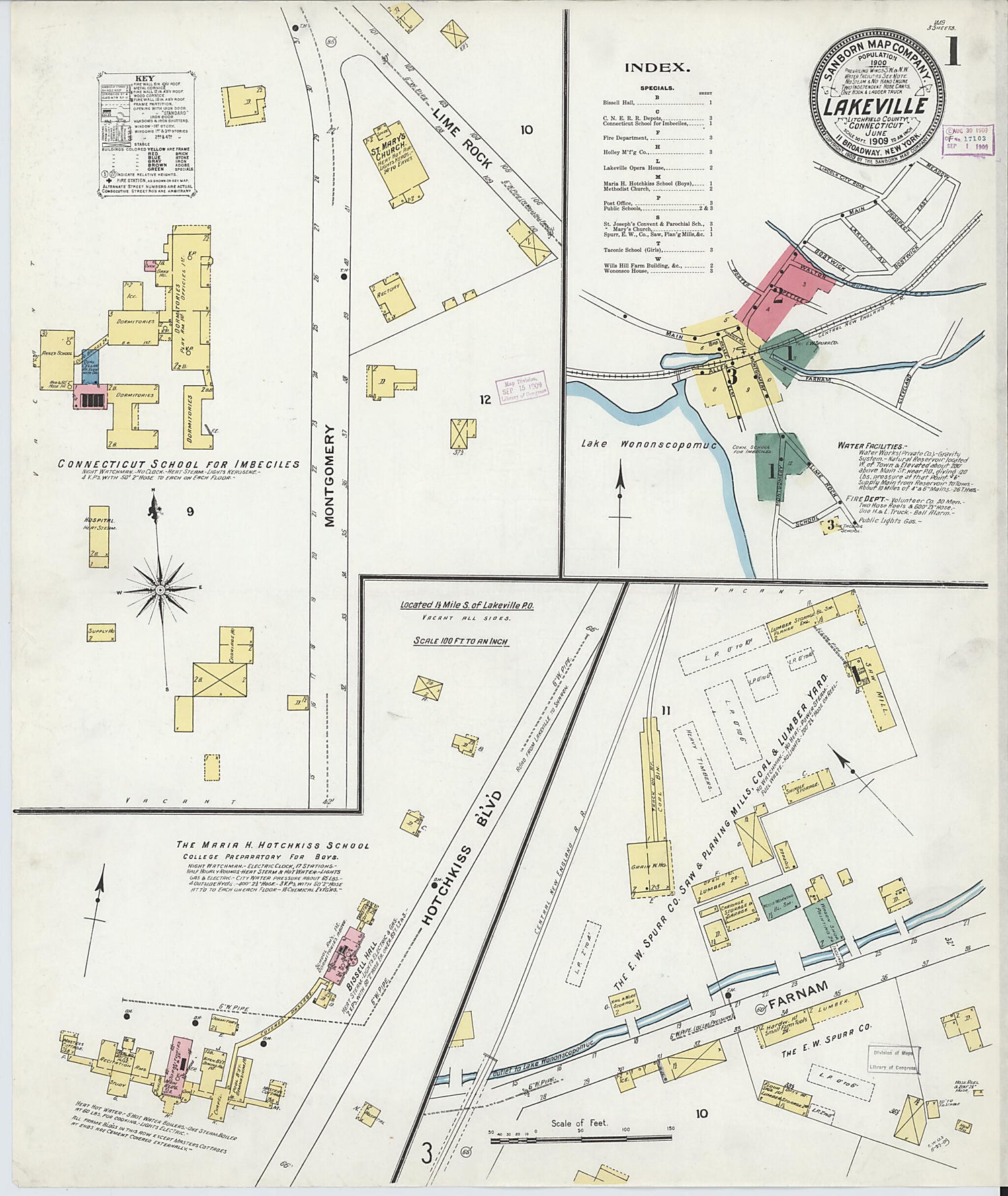 This old map of Lakeville, Litchfield County, Connecticut was created by Sanborn Map Company in 1909