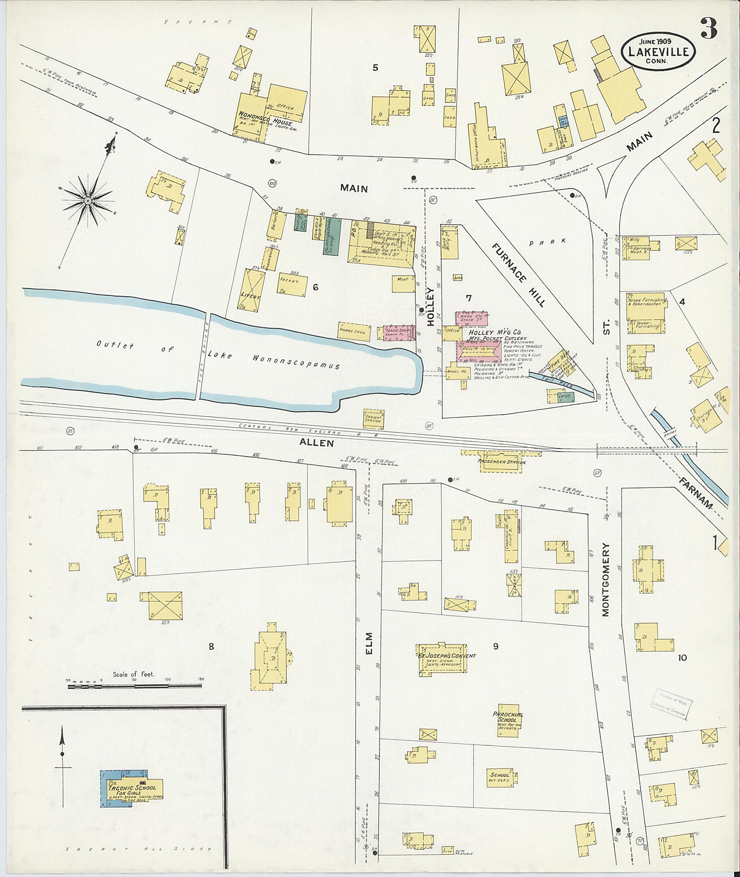 This old map of Lakeville, Litchfield County, Connecticut was created by Sanborn Map Company in 1909