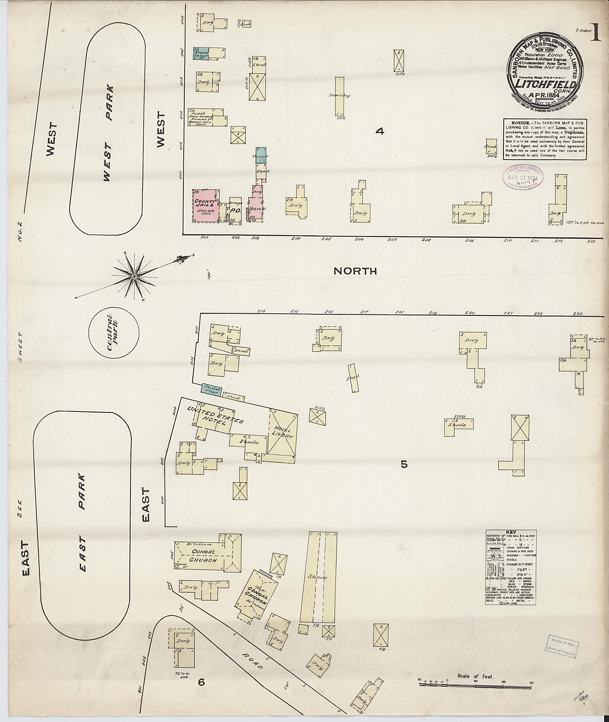 This old map of Litchfield, Litchfield County, Connecticut was created by Sanborn Map Company in 1884