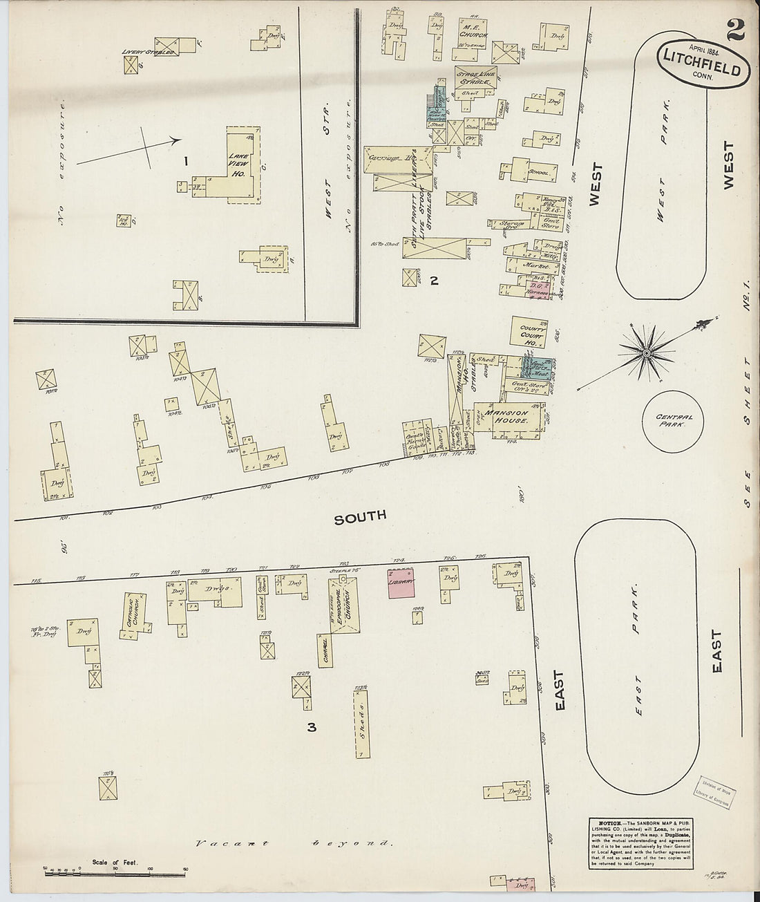 This old map of Litchfield, Litchfield County, Connecticut was created by Sanborn Map Company in 1884