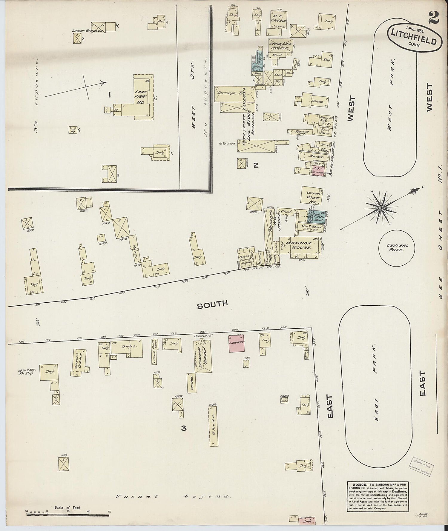 This old map of Litchfield, Litchfield County, Connecticut was created by Sanborn Map Company in 1884