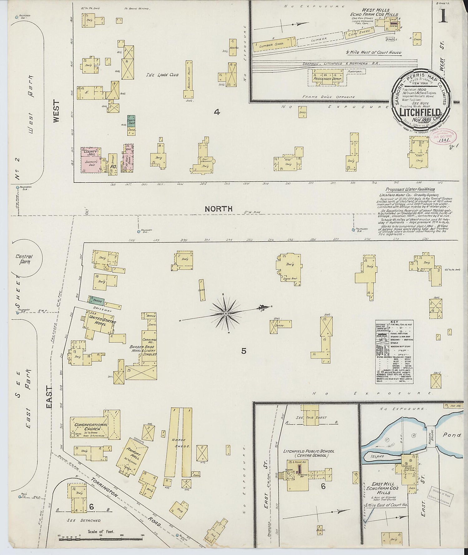 This old map of Litchfield, Litchfield County, Connecticut was created by Sanborn Map Company in 1889