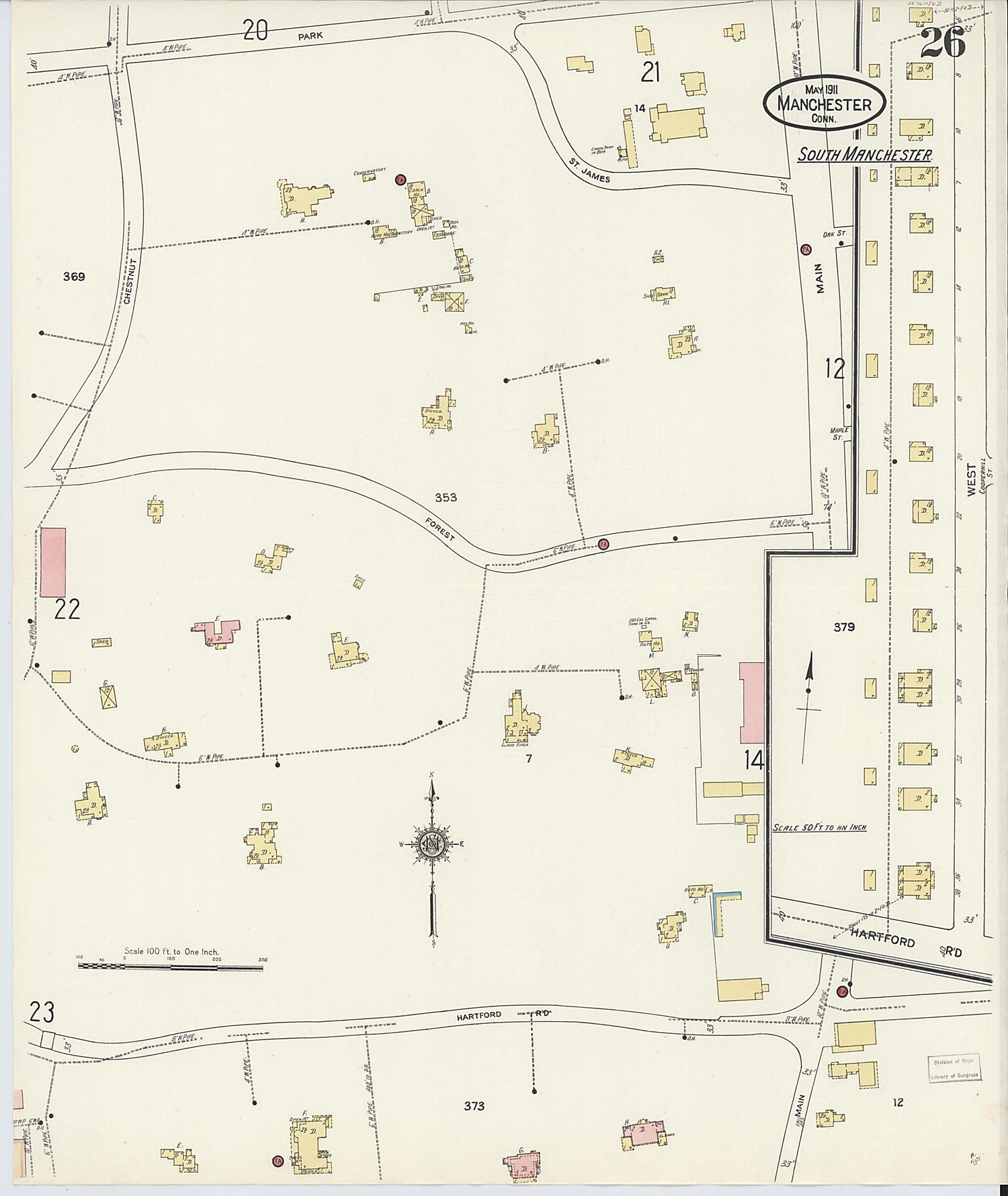 This old map of Manchester, Hartford County, Connecticut was created by Sanborn Map Company in 1911