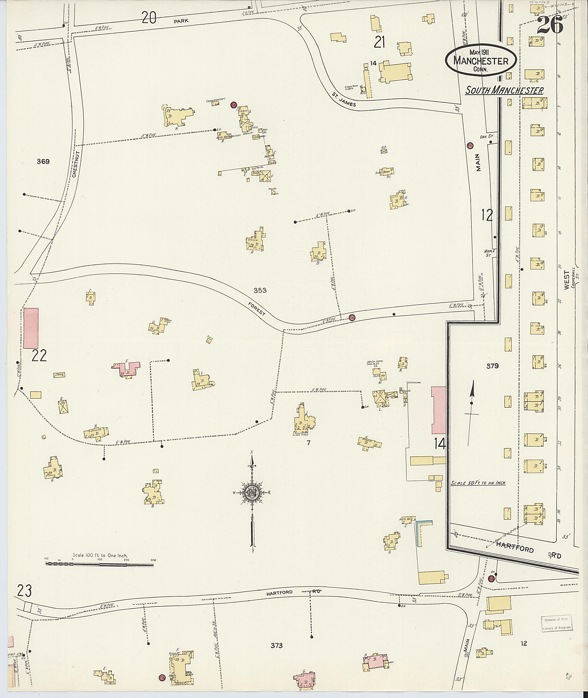 This old map of Manchester, Hartford County, Connecticut was created by Sanborn Map Company in 1911