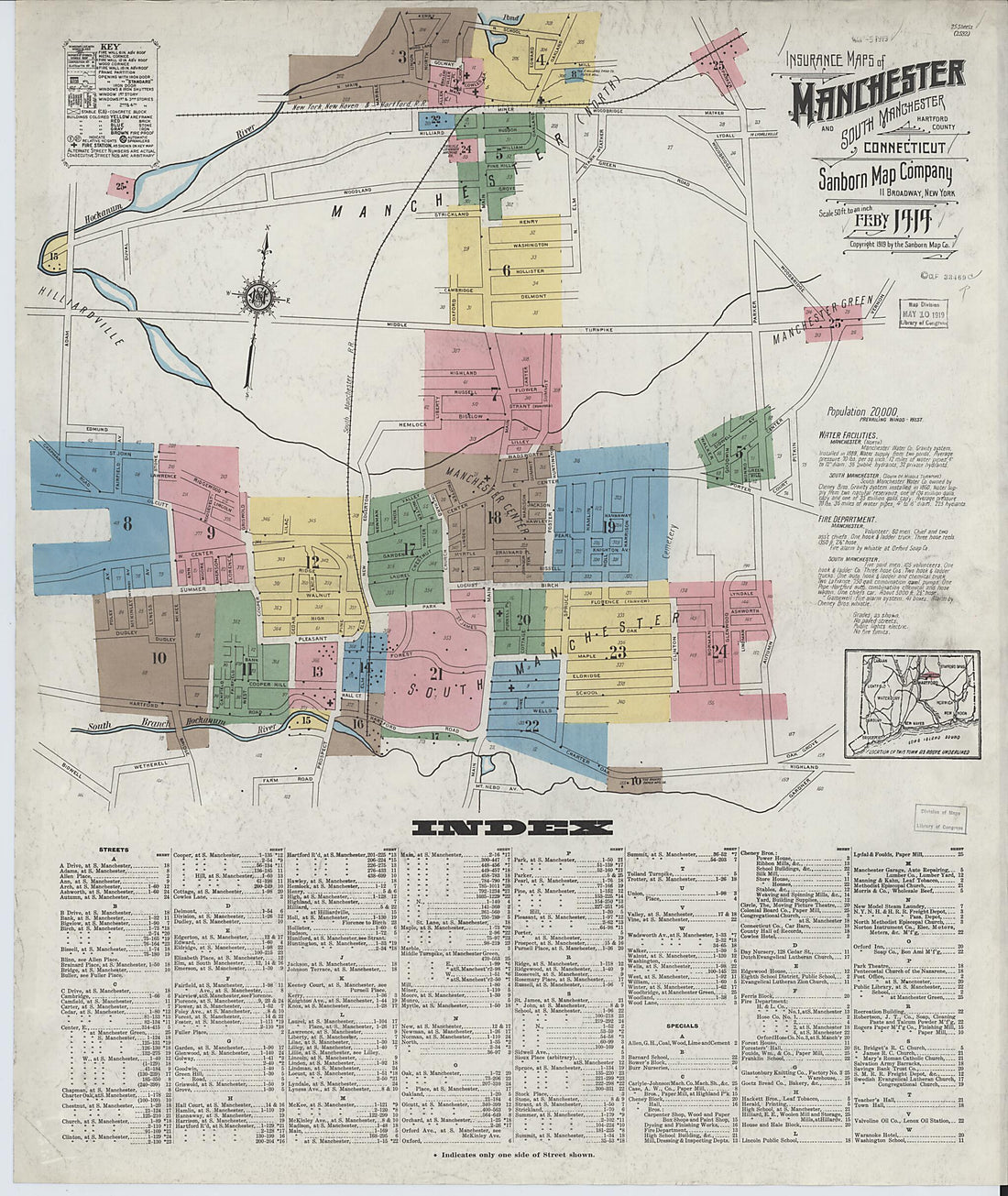 This old map of Manchester, Hartford County, Connecticut was created by Sanborn Map Company in 1919