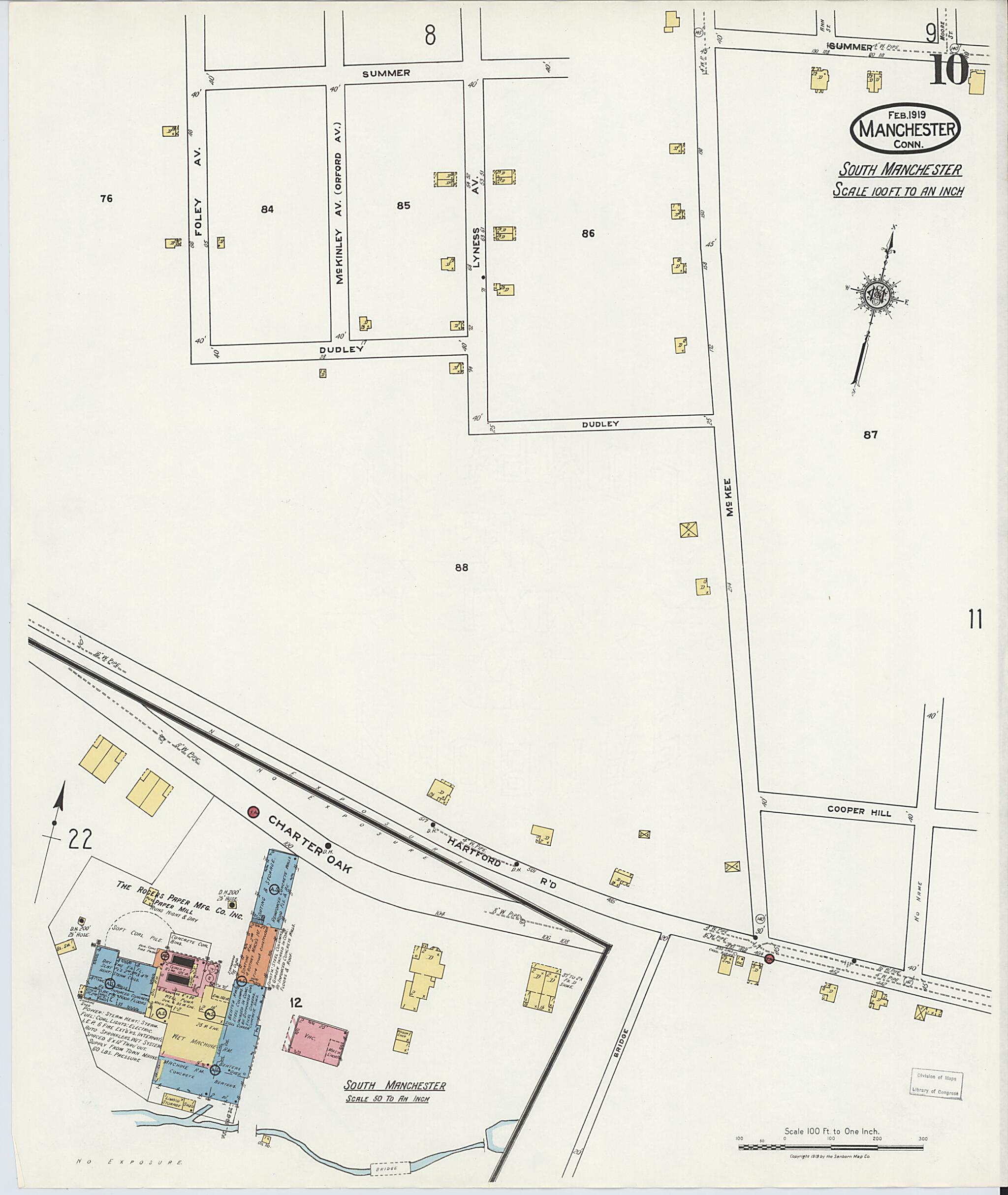 This old map of Manchester, Hartford County, Connecticut was created by Sanborn Map Company in 1919