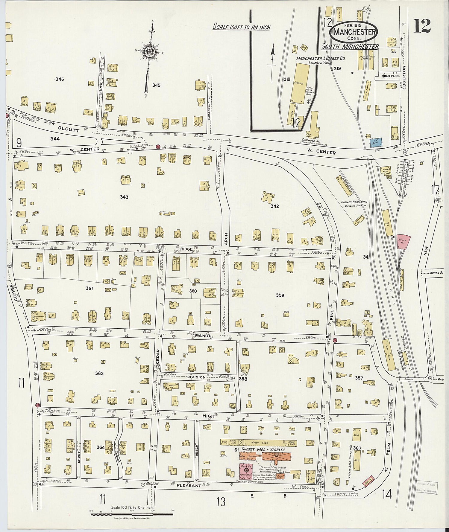 This old map of Manchester, Hartford County, Connecticut was created by Sanborn Map Company in 1919