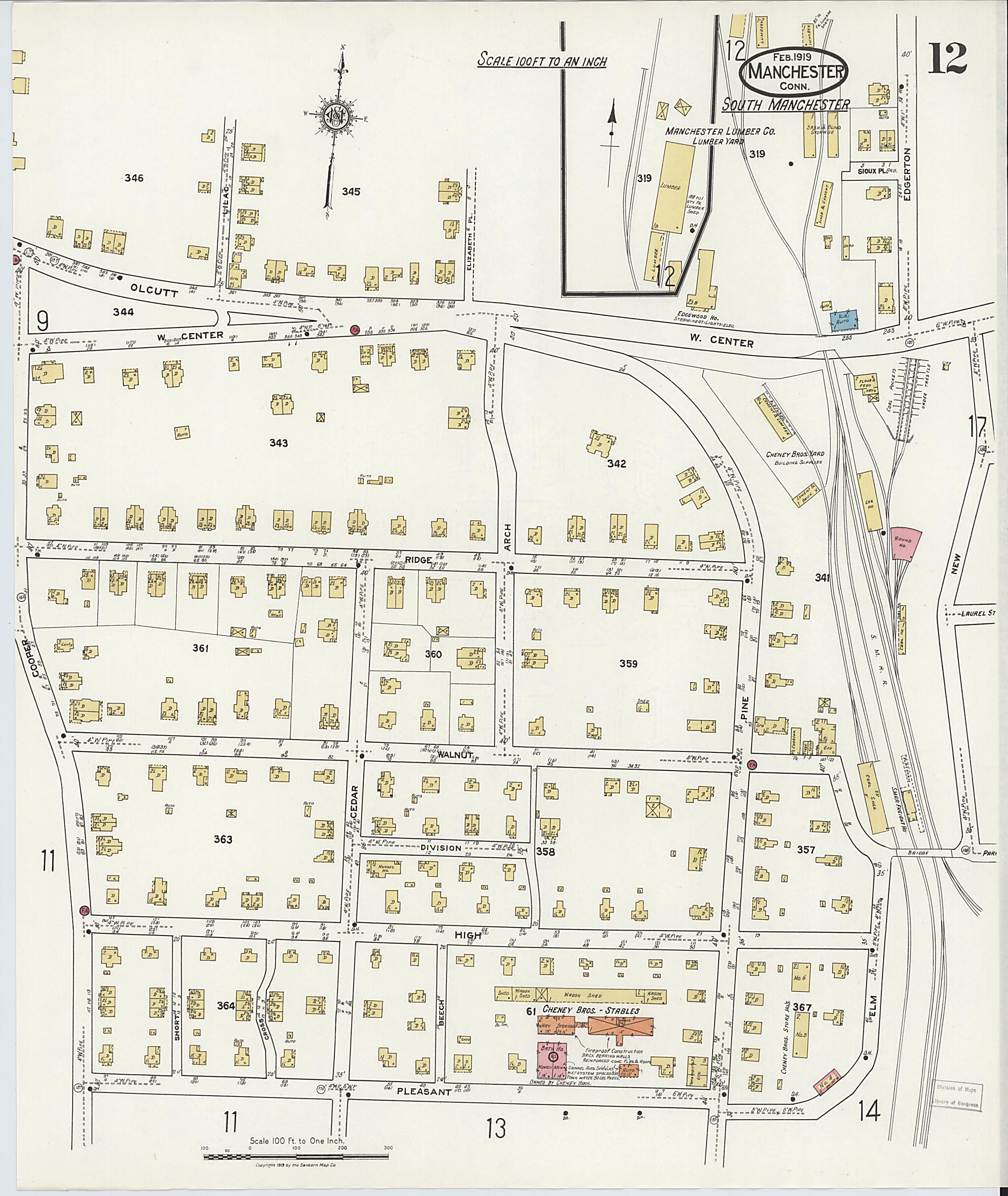 This old map of Manchester, Hartford County, Connecticut was created by Sanborn Map Company in 1919