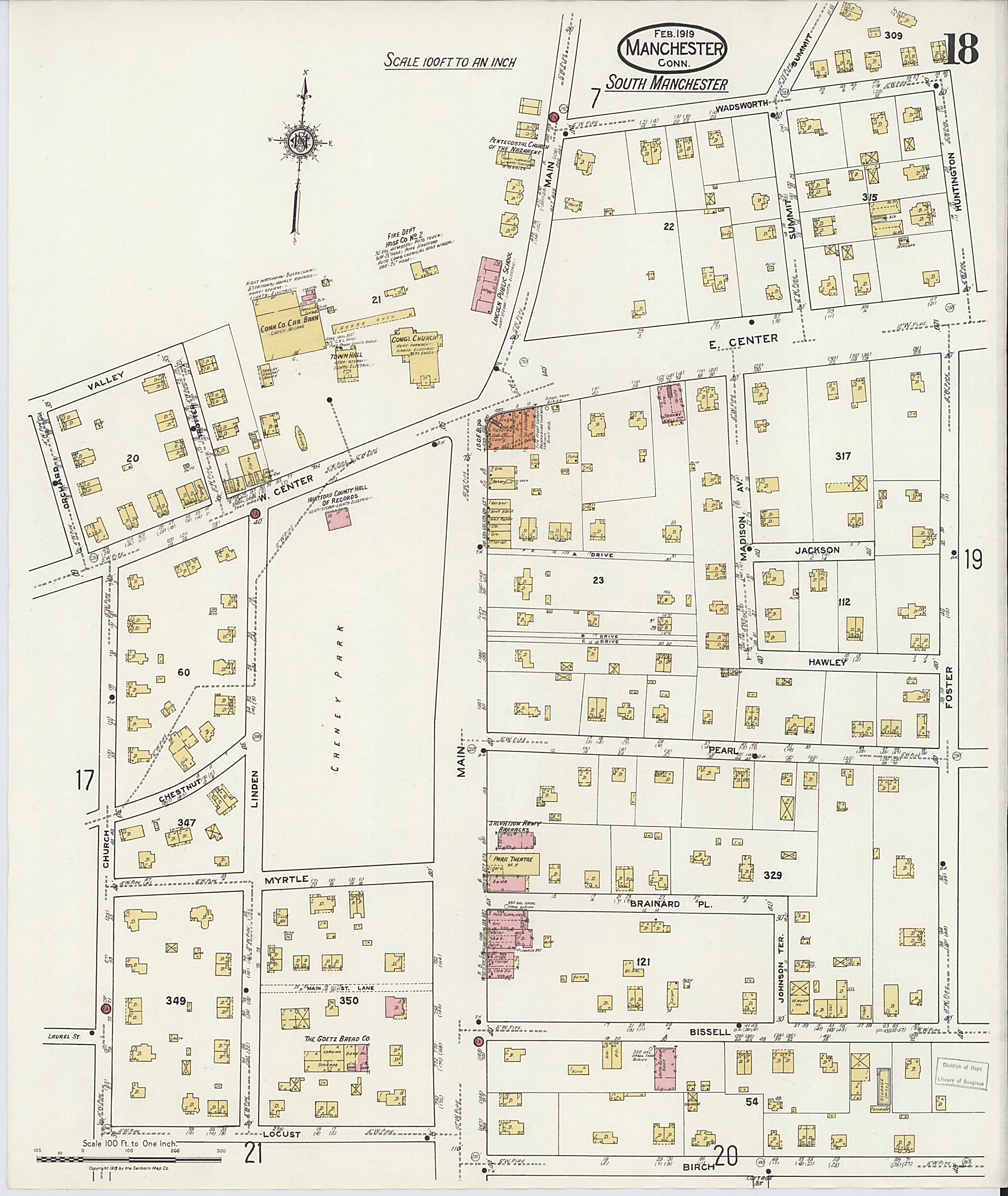 This old map of Manchester, Hartford County, Connecticut was created by Sanborn Map Company in 1919