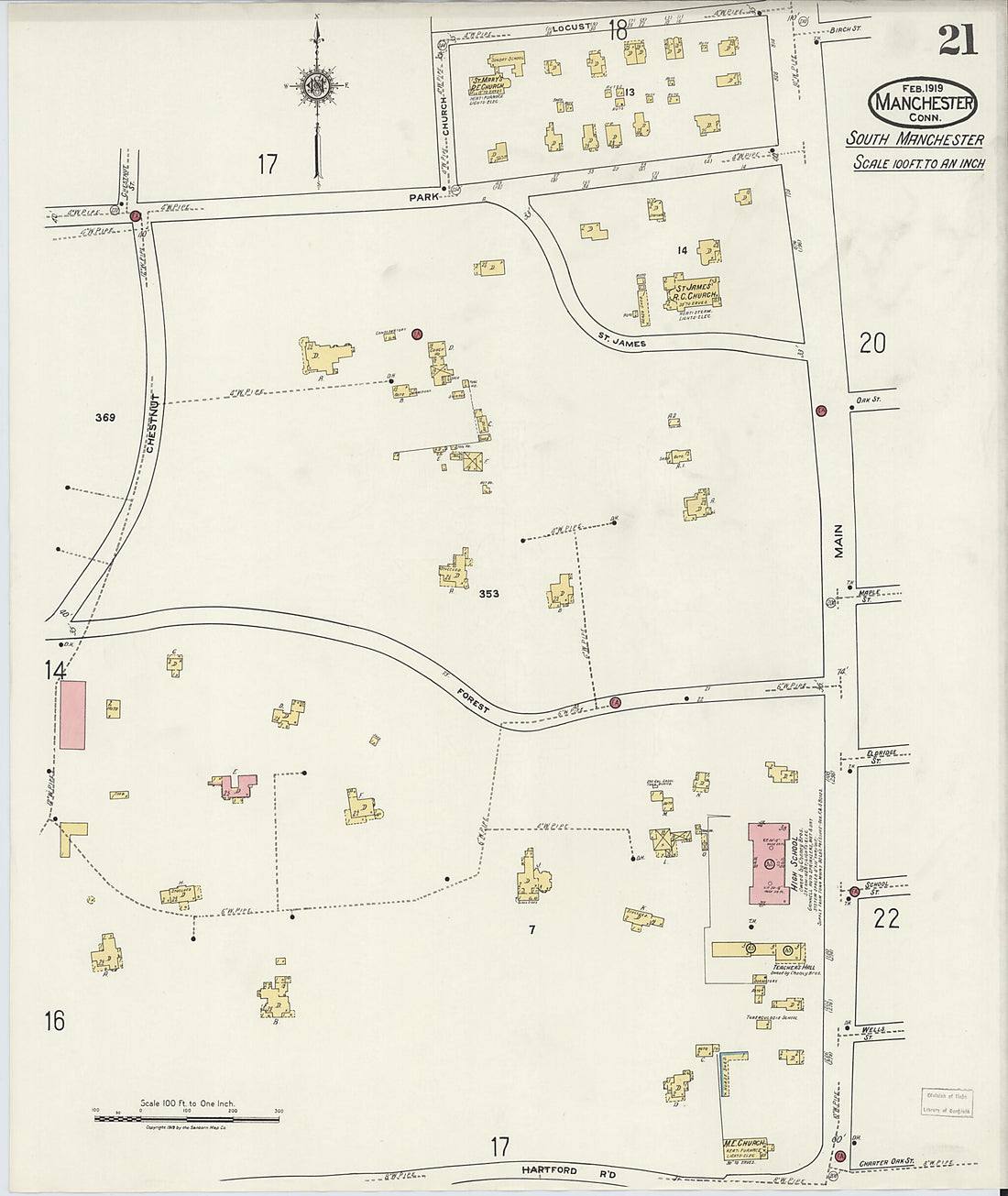 This old map of Manchester, Hartford County, Connecticut was created by Sanborn Map Company in 1919