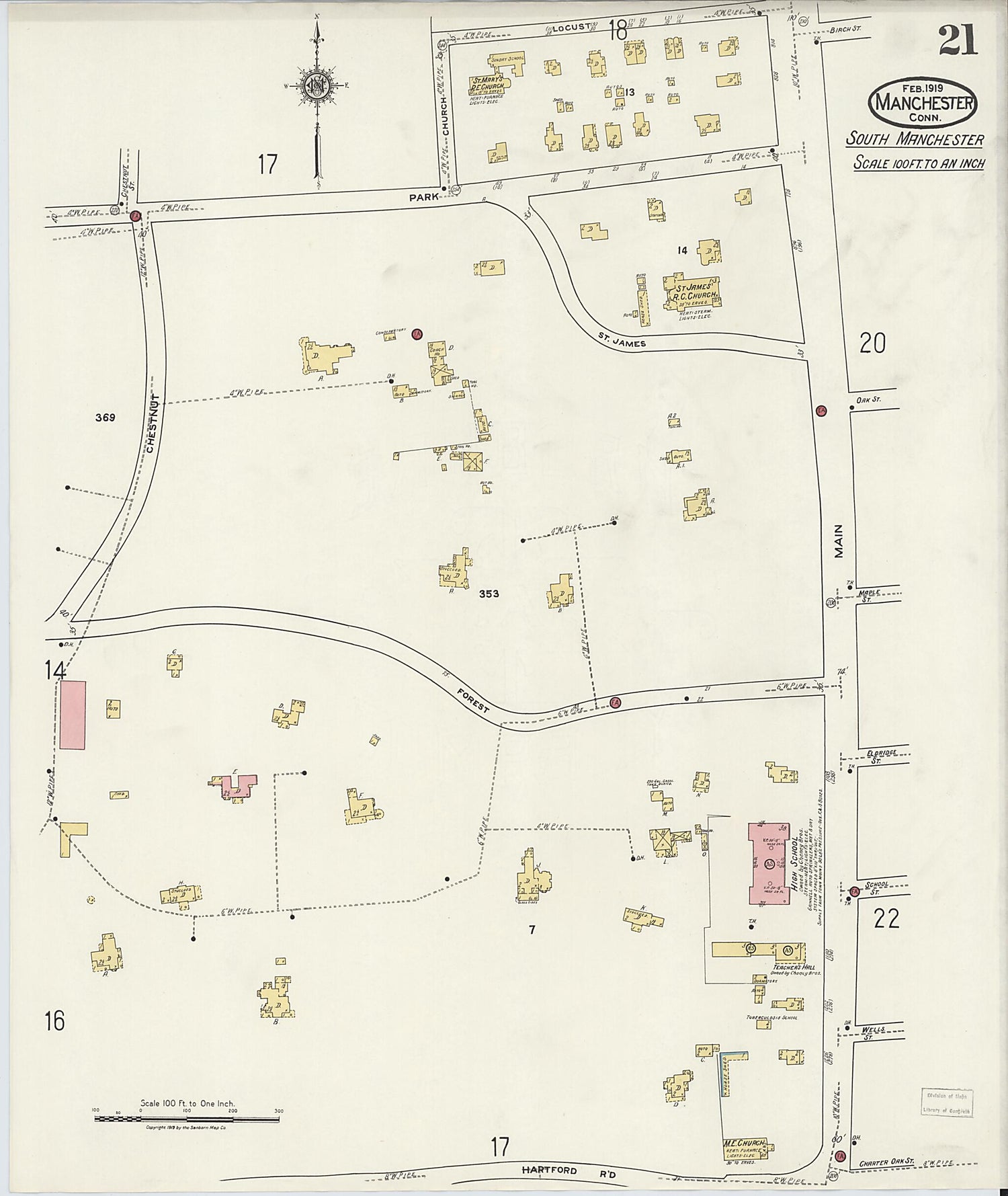 This old map of Manchester, Hartford County, Connecticut was created by Sanborn Map Company in 1919