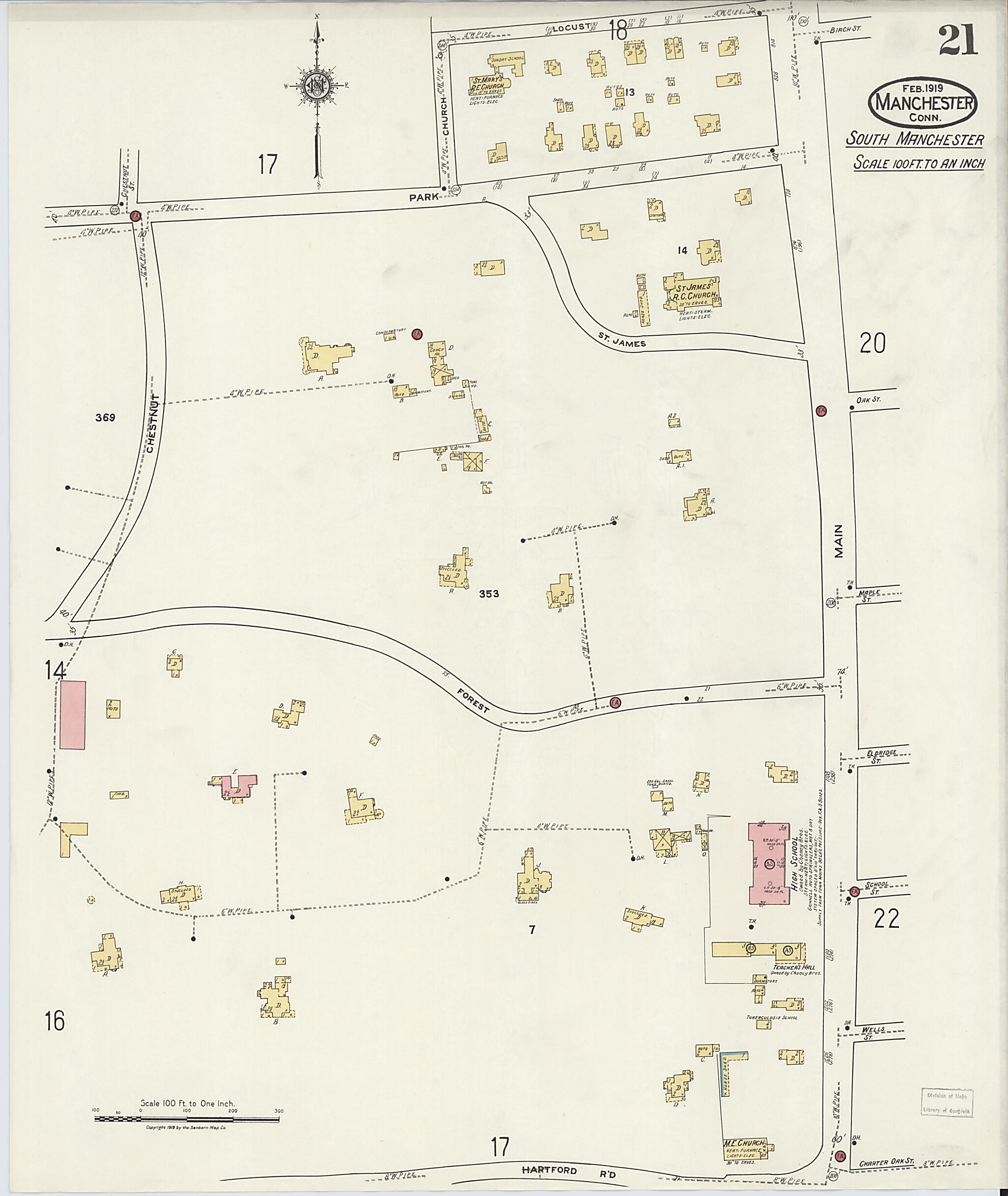 This old map of Manchester, Hartford County, Connecticut was created by Sanborn Map Company in 1919