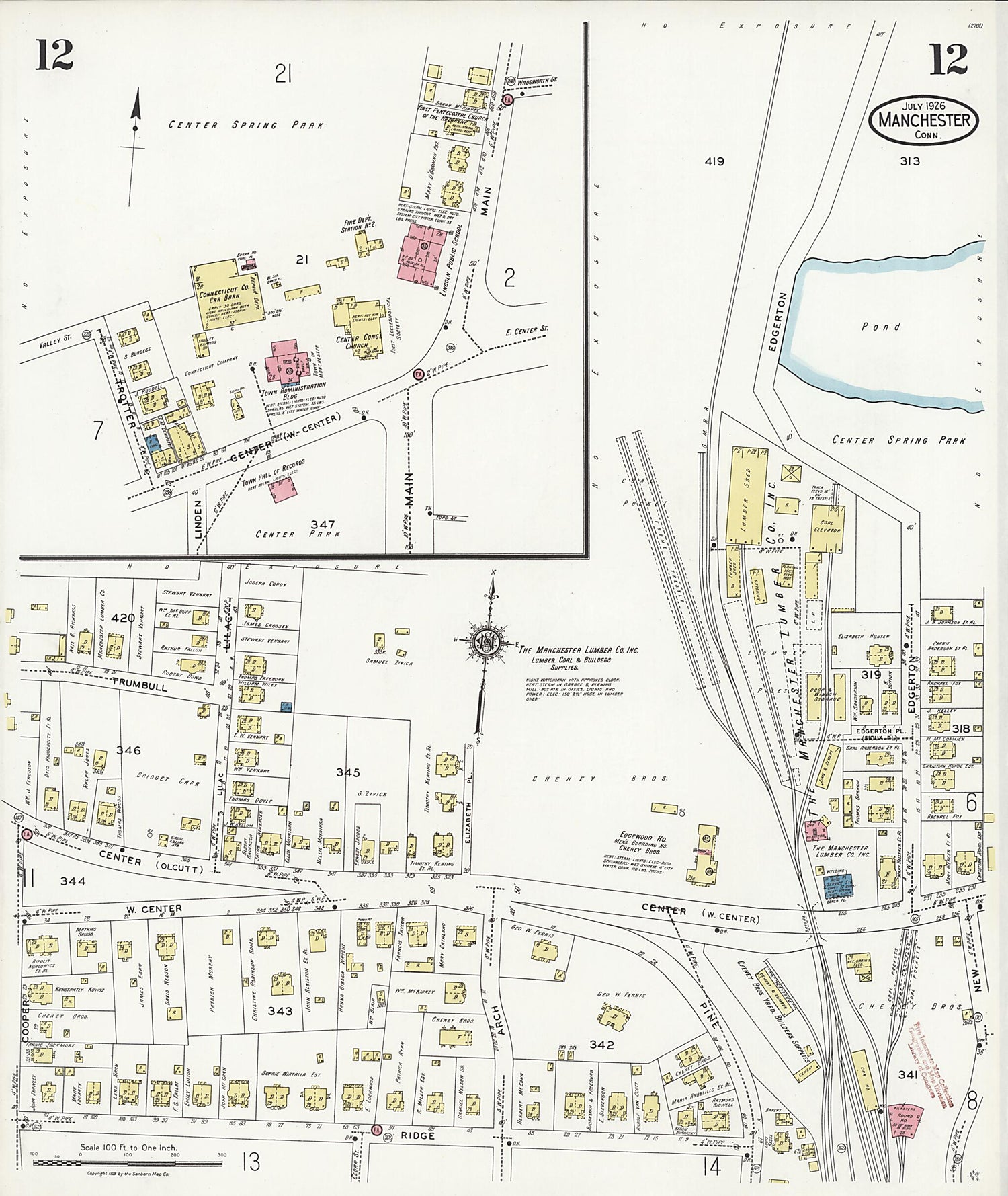 This old map of Manchester Green, Hartford County, Connecticut was created by Sanborn Map Company in 1926