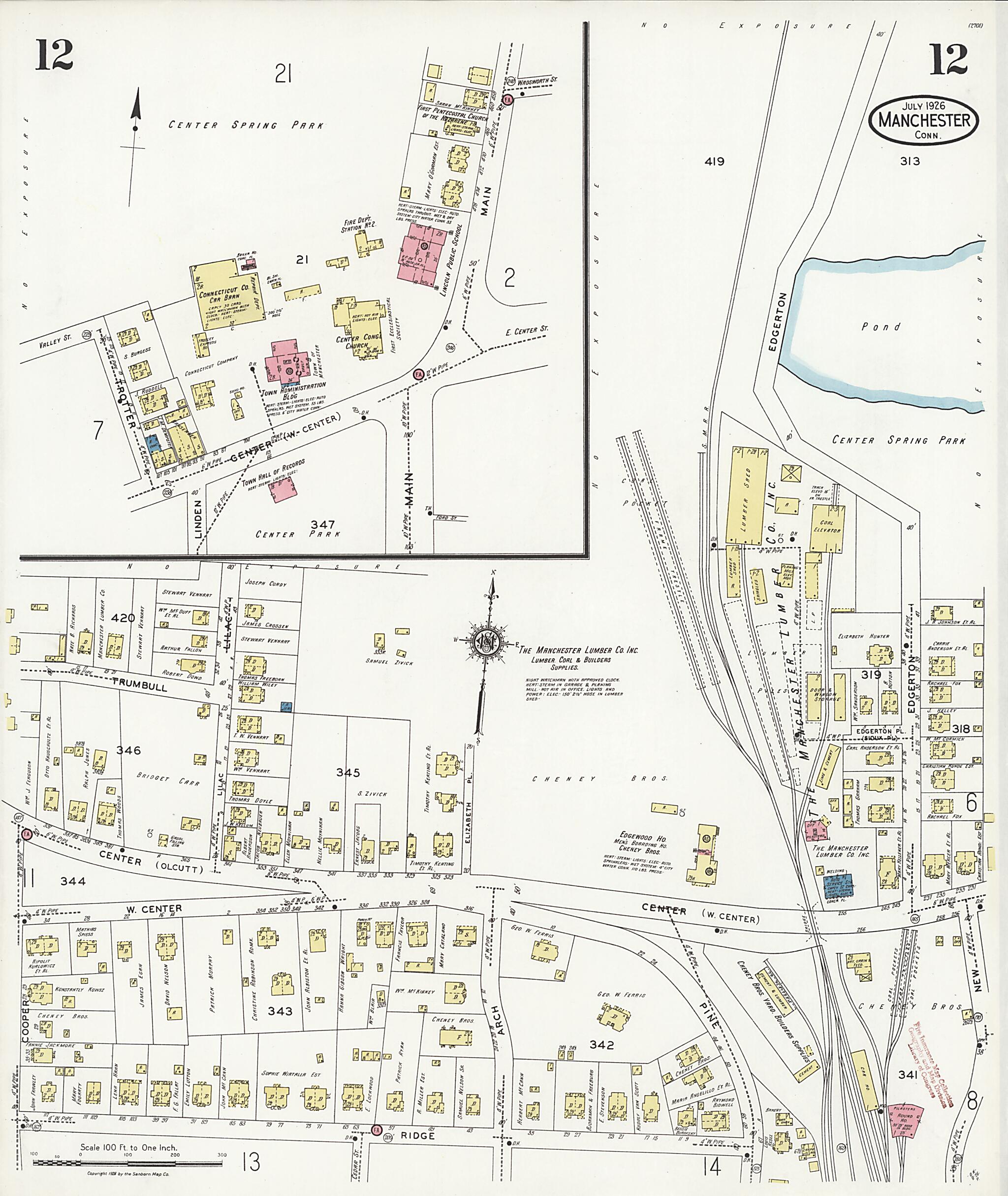 This old map of Manchester Green, Hartford County, Connecticut was created by Sanborn Map Company in 1926