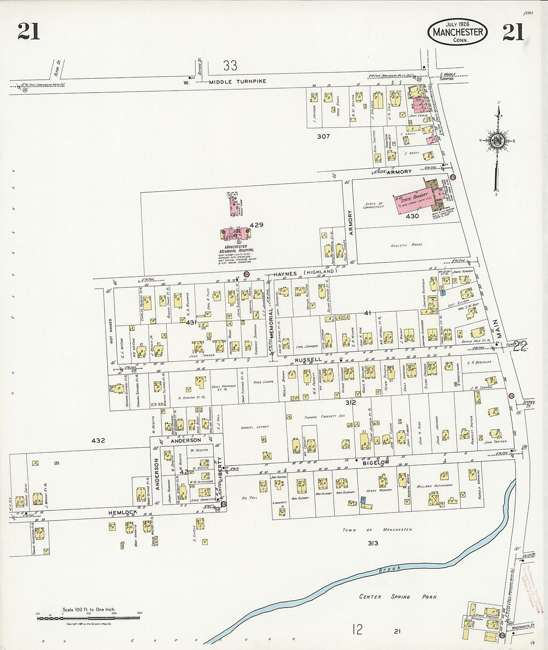This old map of Manchester Green, Hartford County, Connecticut was created by Sanborn Map Company in 1926