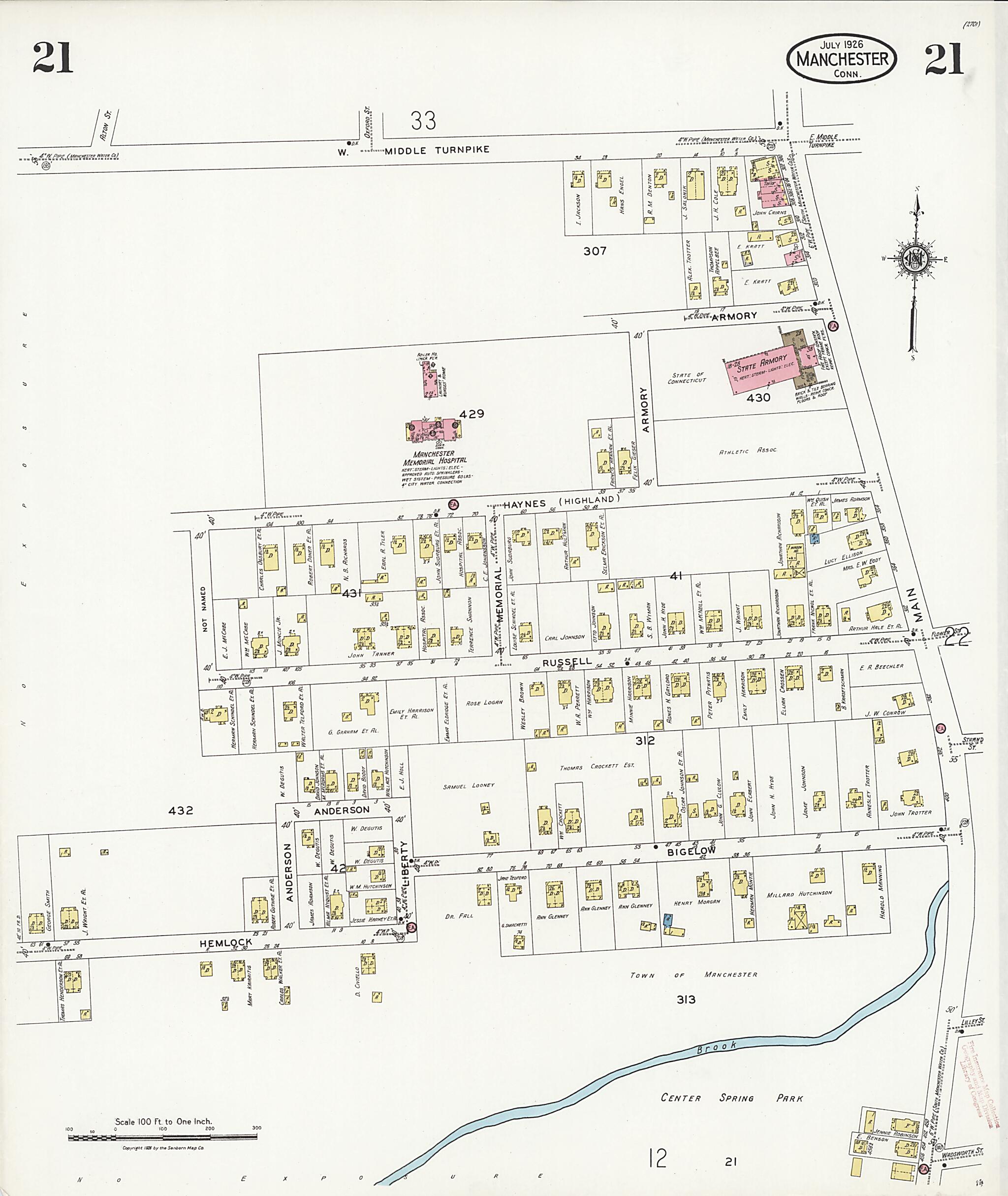 This old map of Manchester Green, Hartford County, Connecticut was created by Sanborn Map Company in 1926