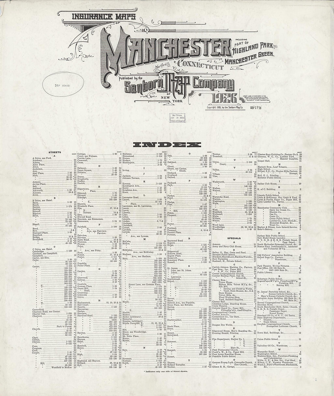 This old map of Manchester Green, Hartford County, Connecticut was created by Sanborn Map Company in 1926