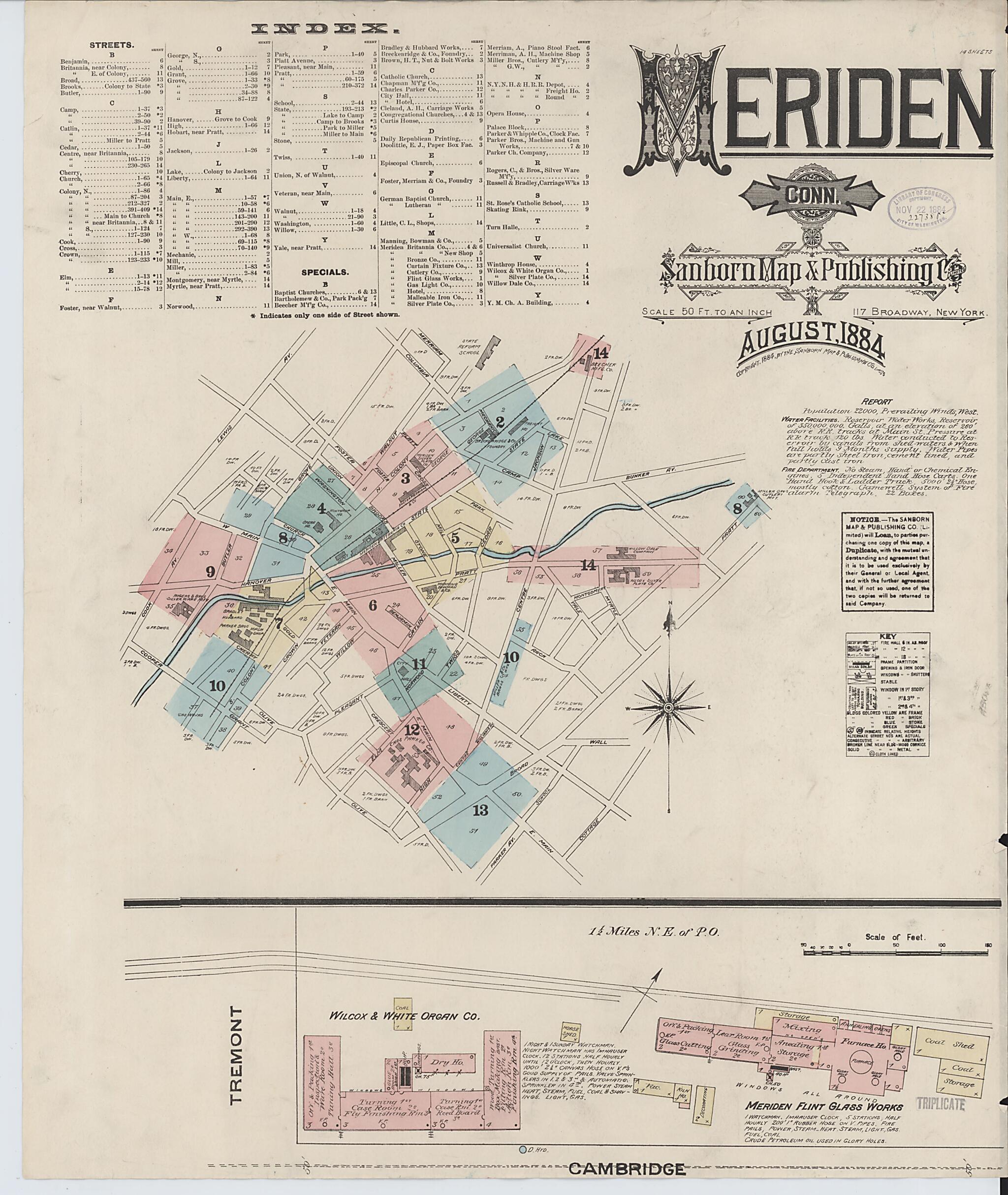 This old map of Meriden, New Haven County, Connecticut was created by Sanborn Map Company in 1884