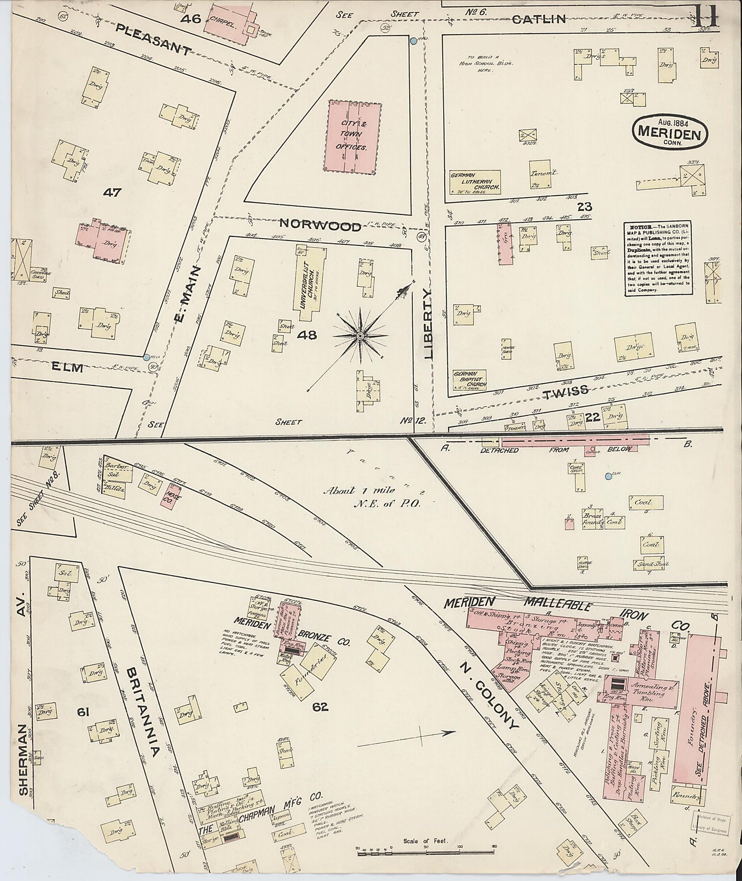 This old map of Meriden, New Haven County, Connecticut was created by Sanborn Map Company in 1884