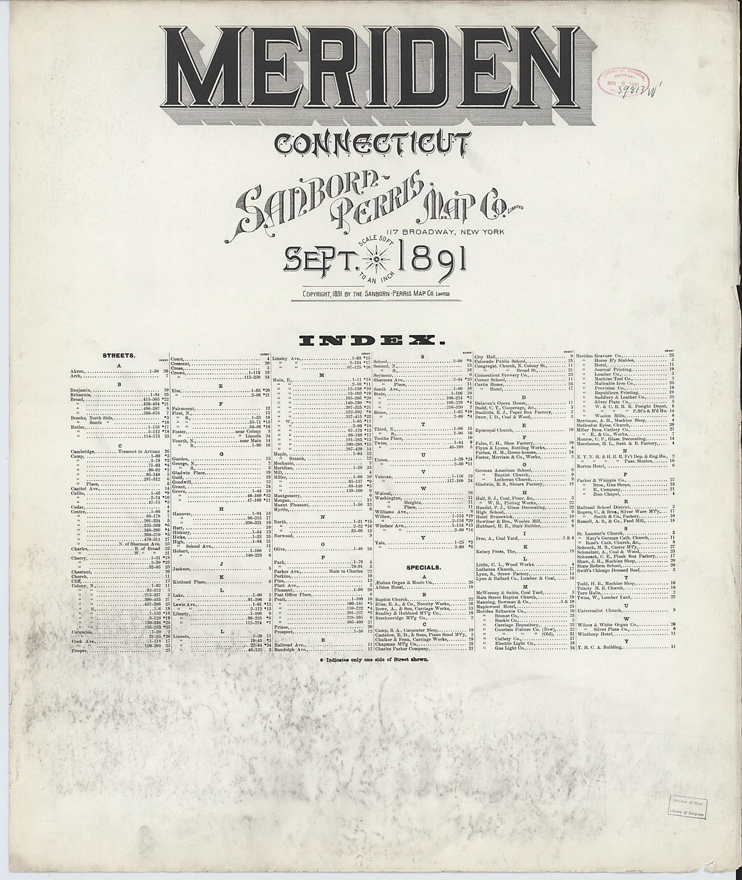 This old map of Meriden, New Haven County, Connecticut was created by Sanborn Map Company in 1891